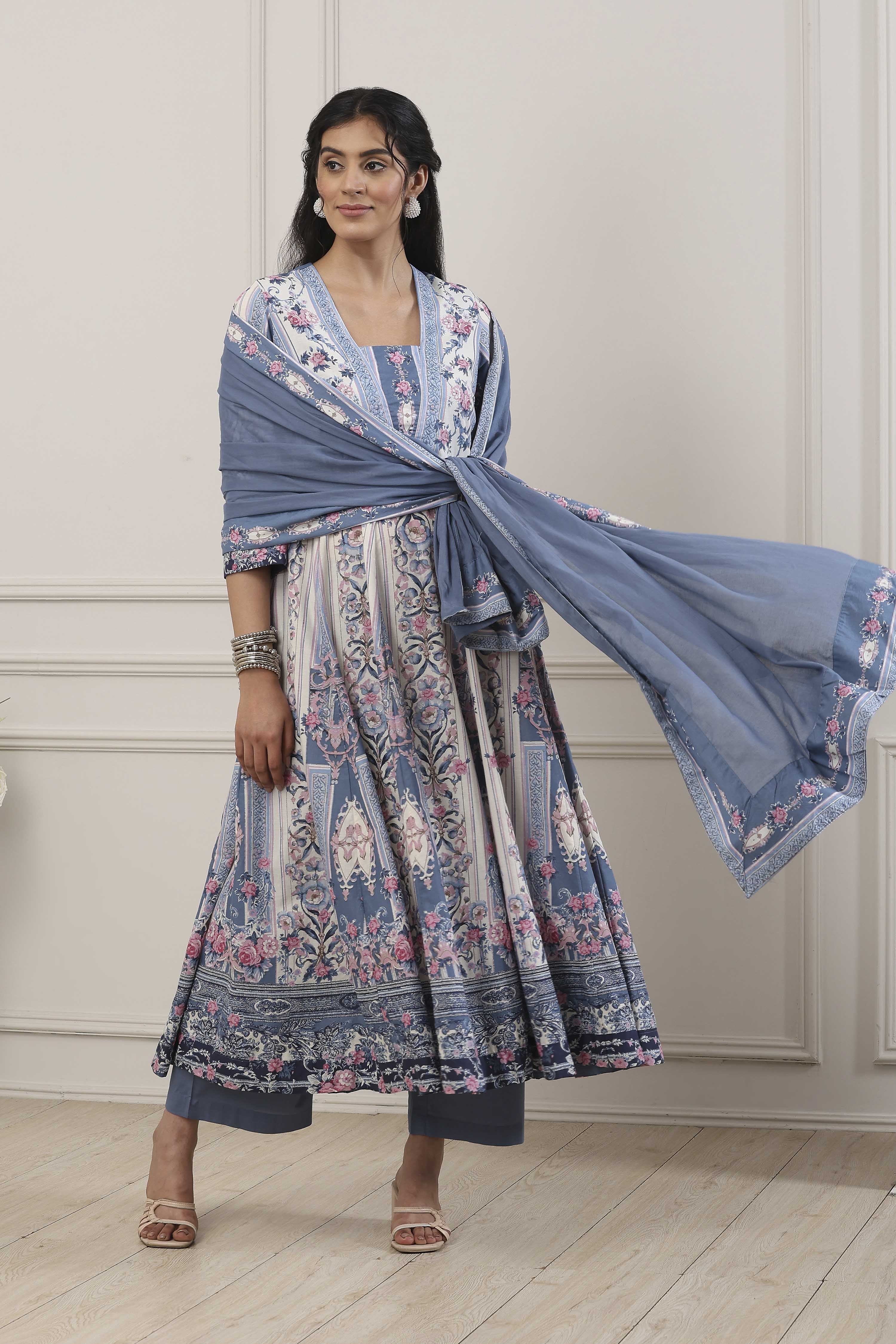 Blue Cotton Floral Printed Anarkali Suit Set image number 6