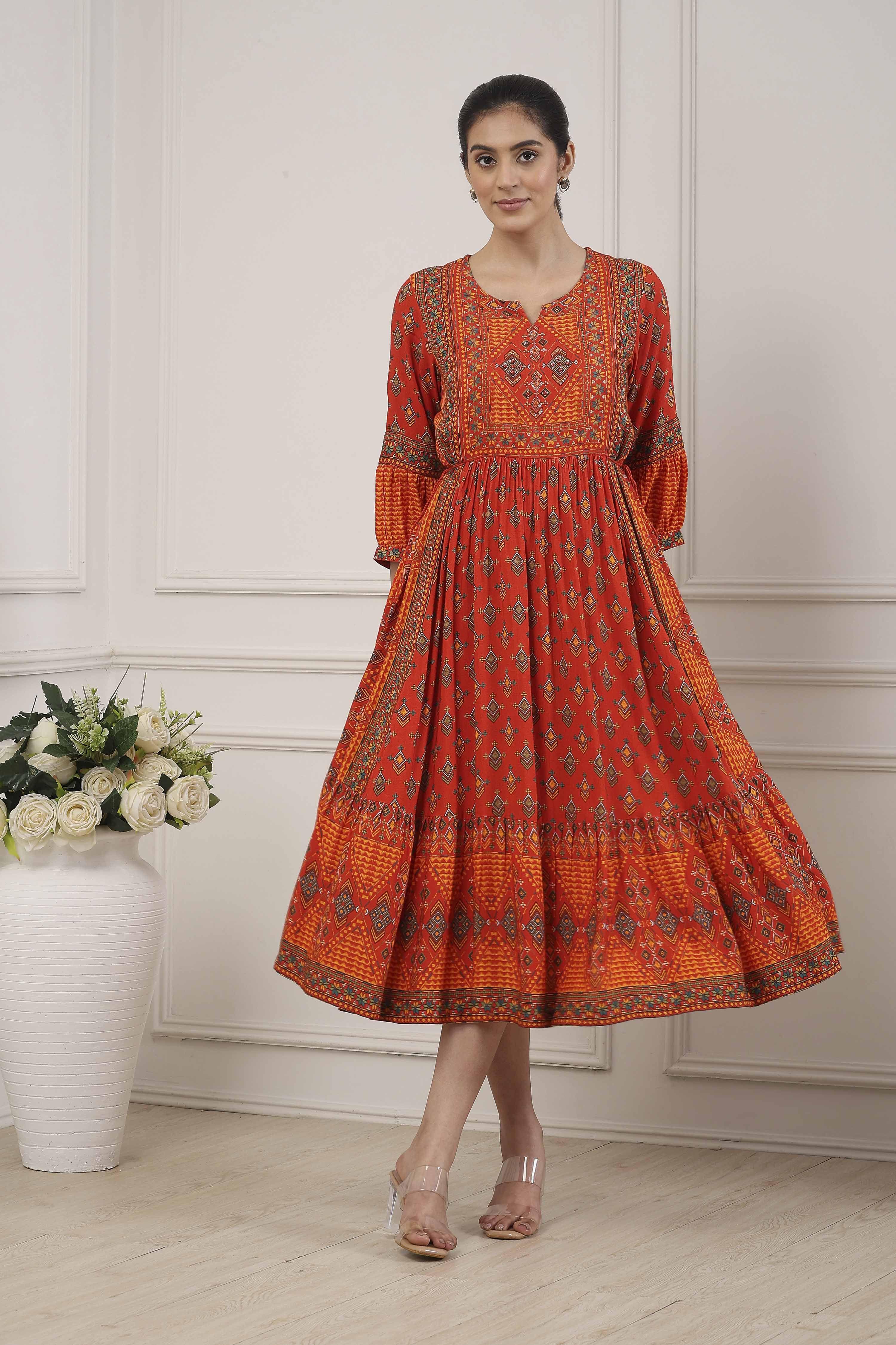 Indigo Ethnic Motifs Flared Midi Dress image number 5