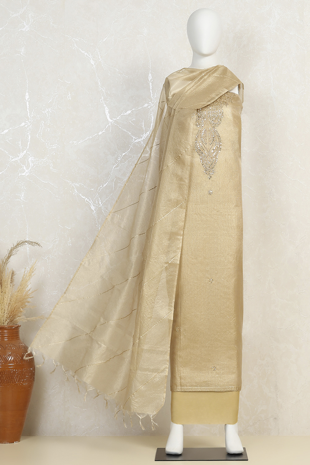 Peach-Toned Tissue Embroidered Unstitched Suit Set image number 4