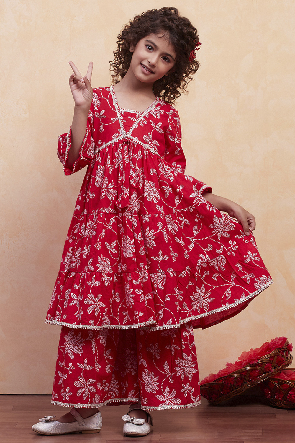 Orange Cotton Printed Tiered Kurta Set image number 6