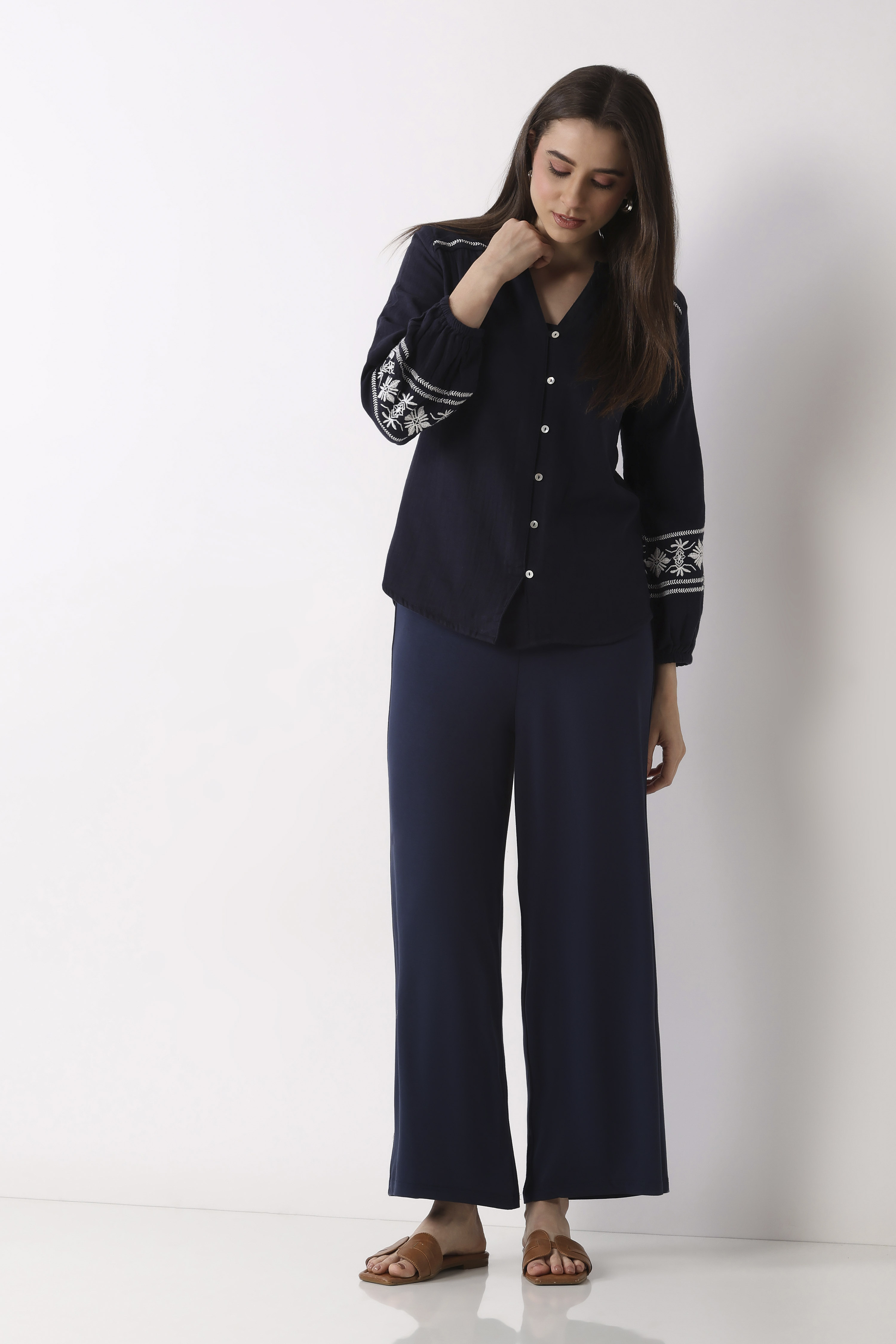 Black Viscose Lycra Relaxed Palazzos image number 0