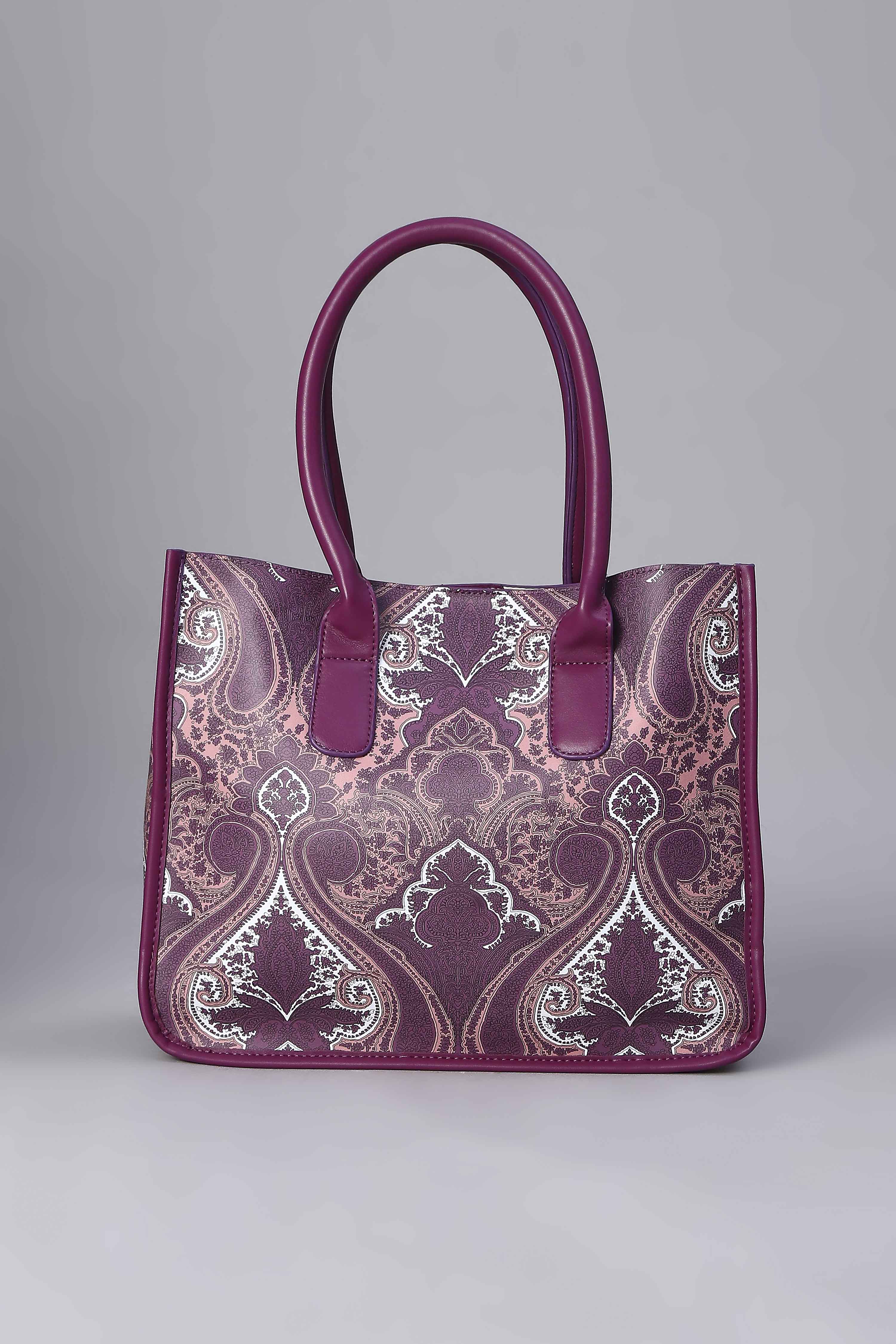 Magenta PU Printed Structured Tote Bag With Pouch image number 2