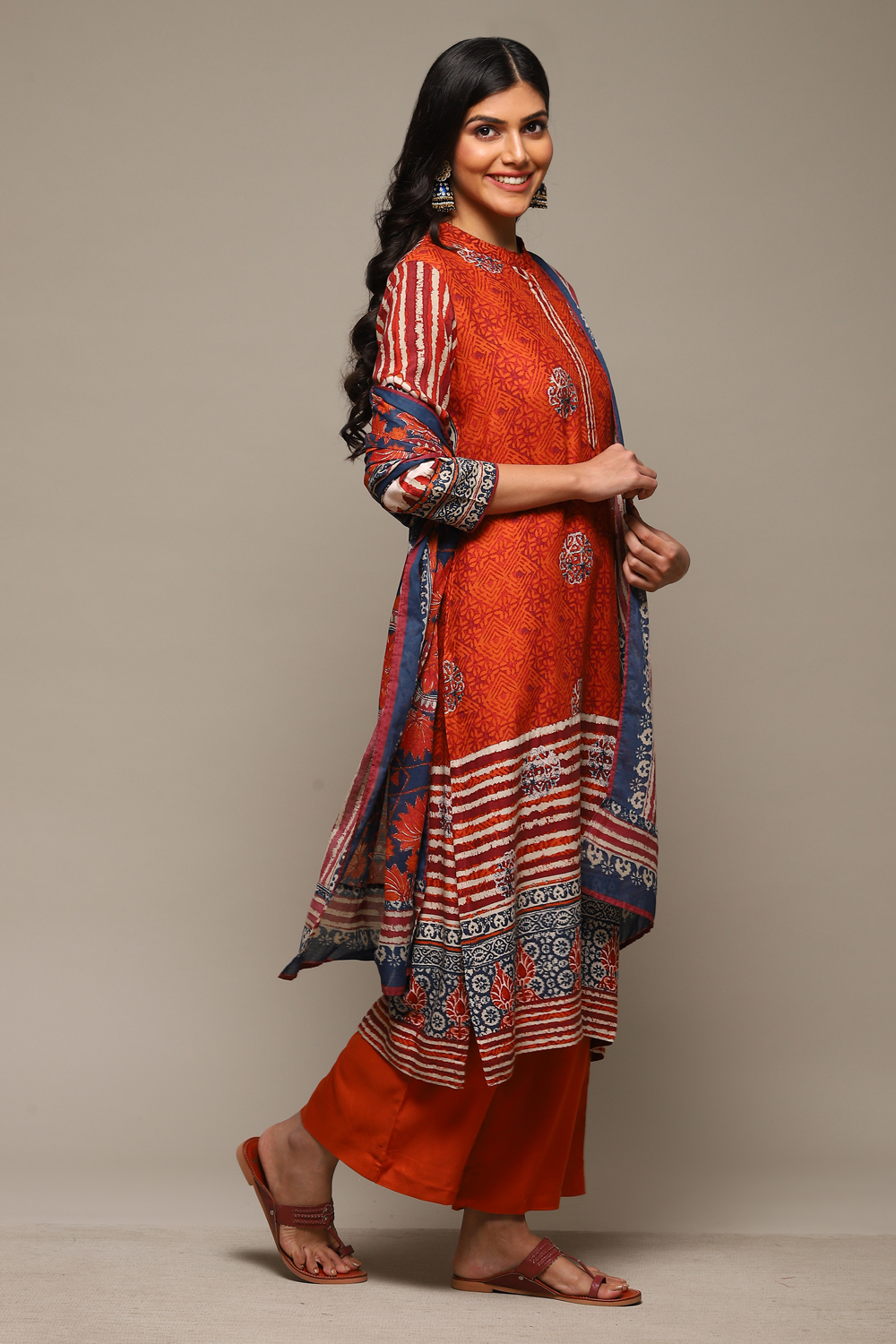 Rust & Indigo Rayon Straight Kurta Palazzo Suit Set image number 6