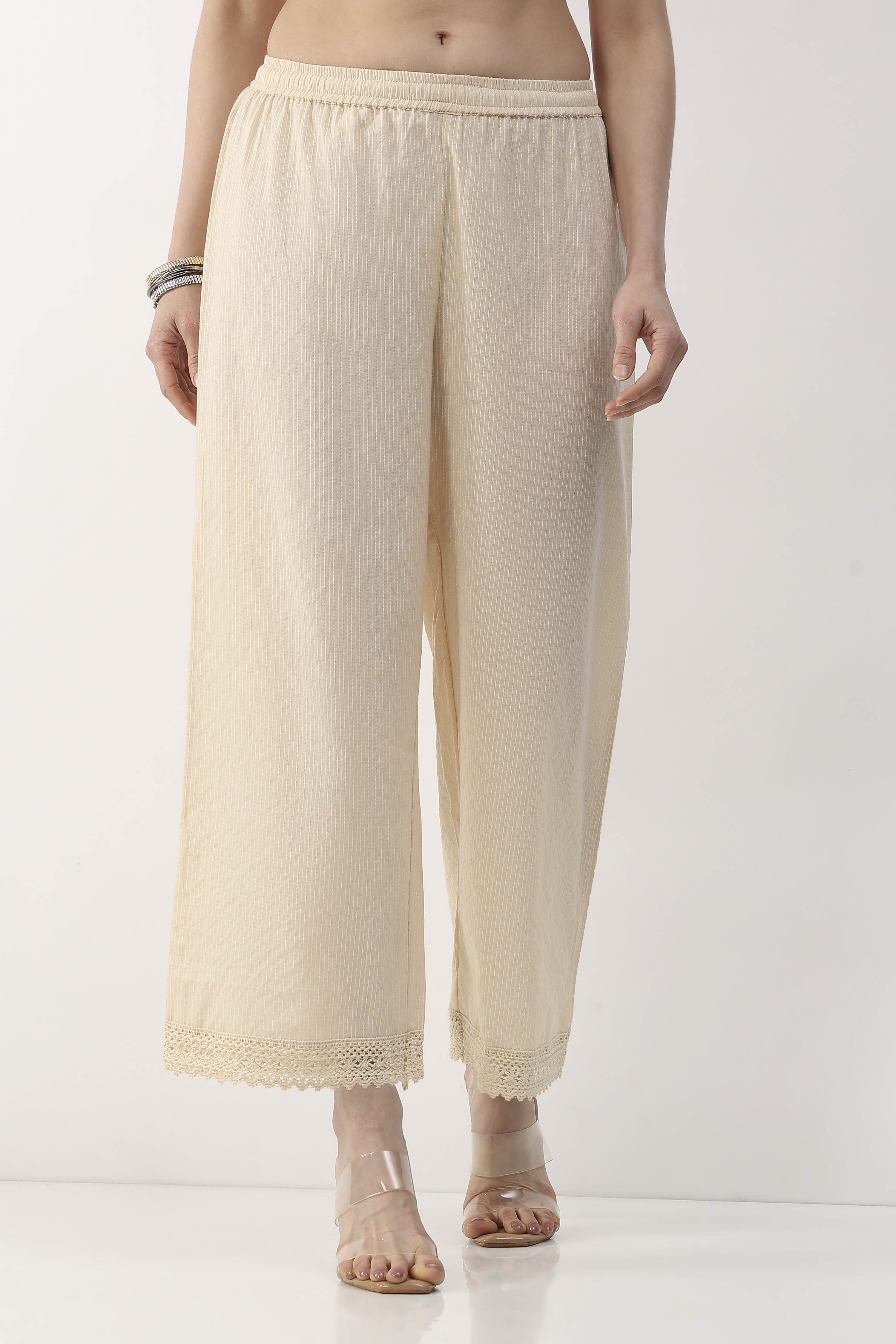 Beige Cotton Lace Trim Straight Palazzos image number 5