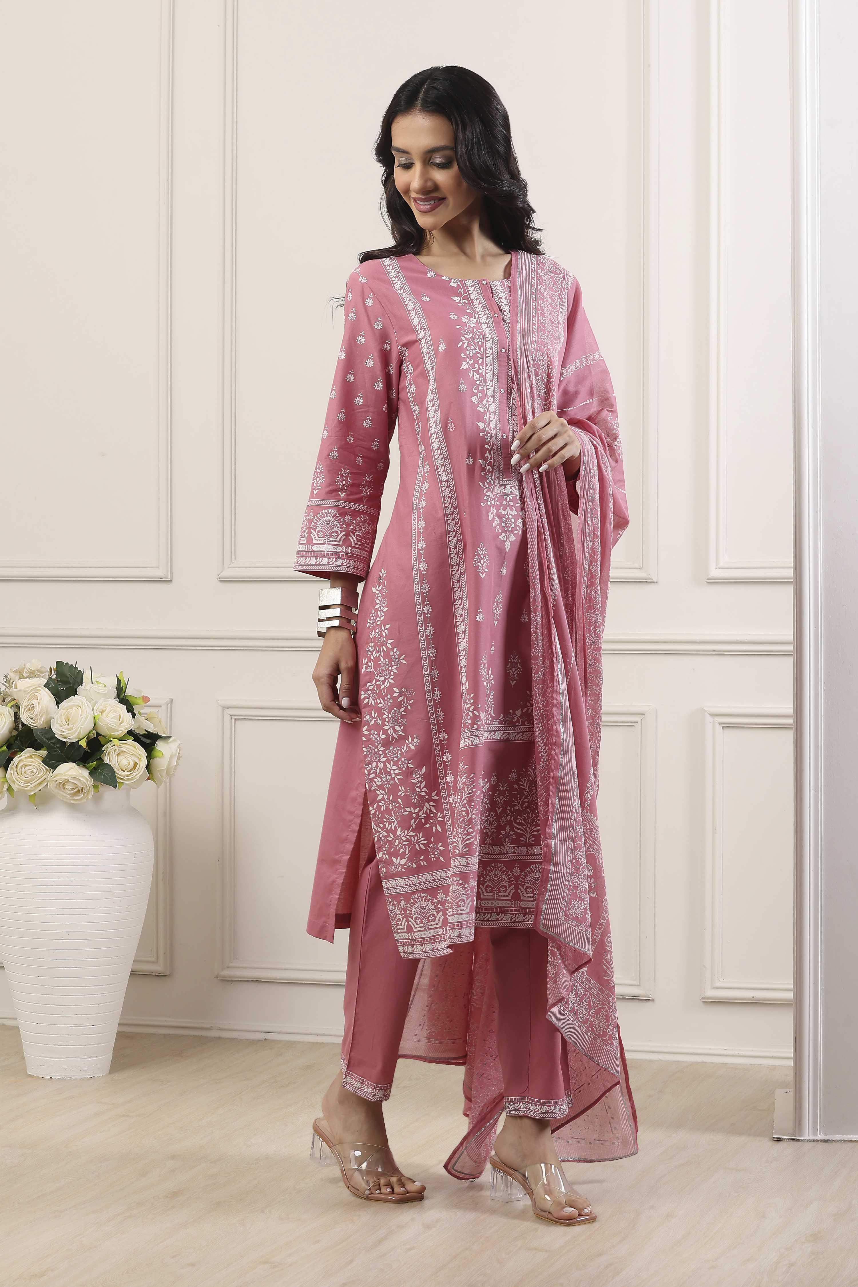 Turquoise Blue Cotton Floral Printed Straight Suit Set image number 5