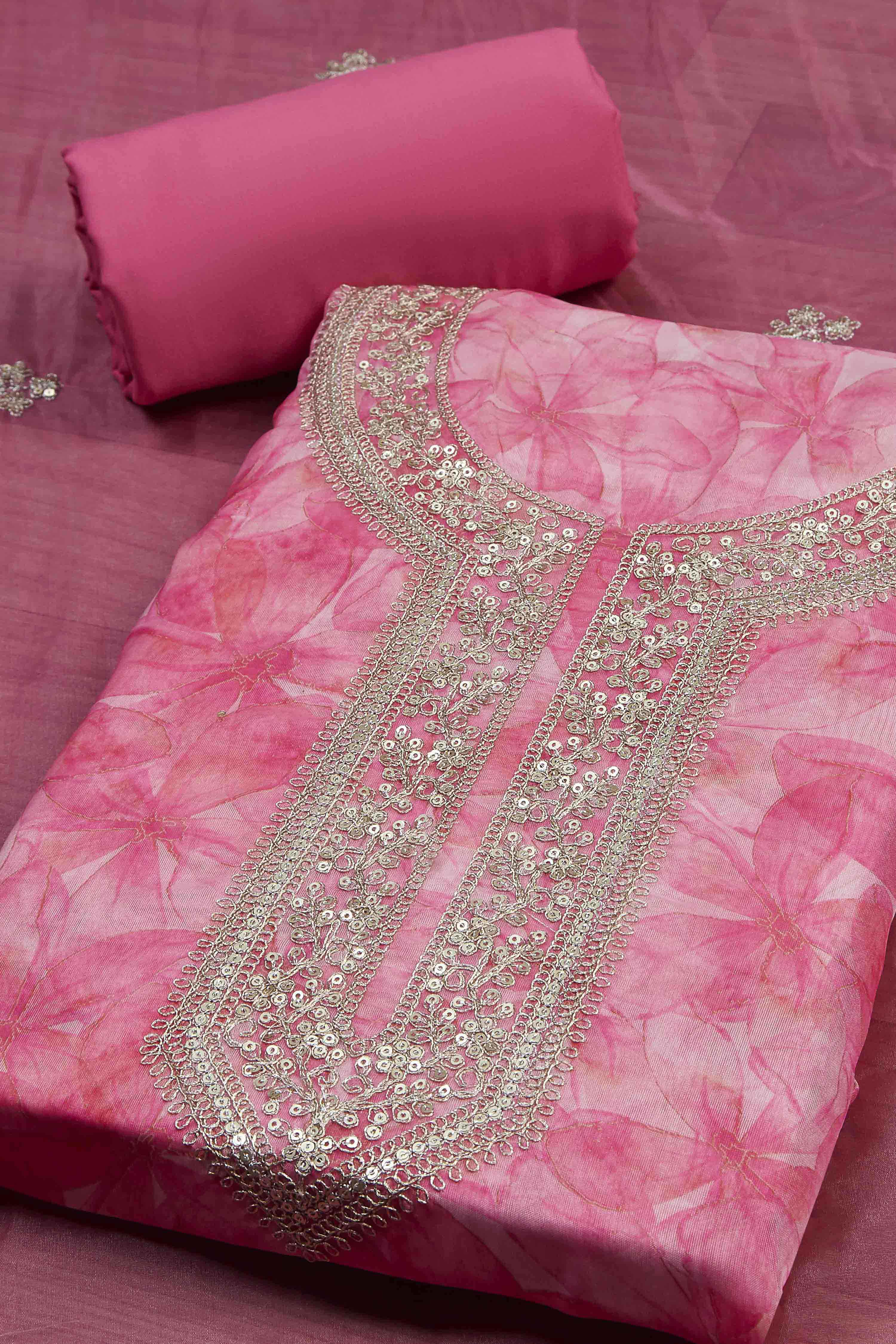Old-Rose Organza Rajasthani Print Unstitched Suit Set image number 1