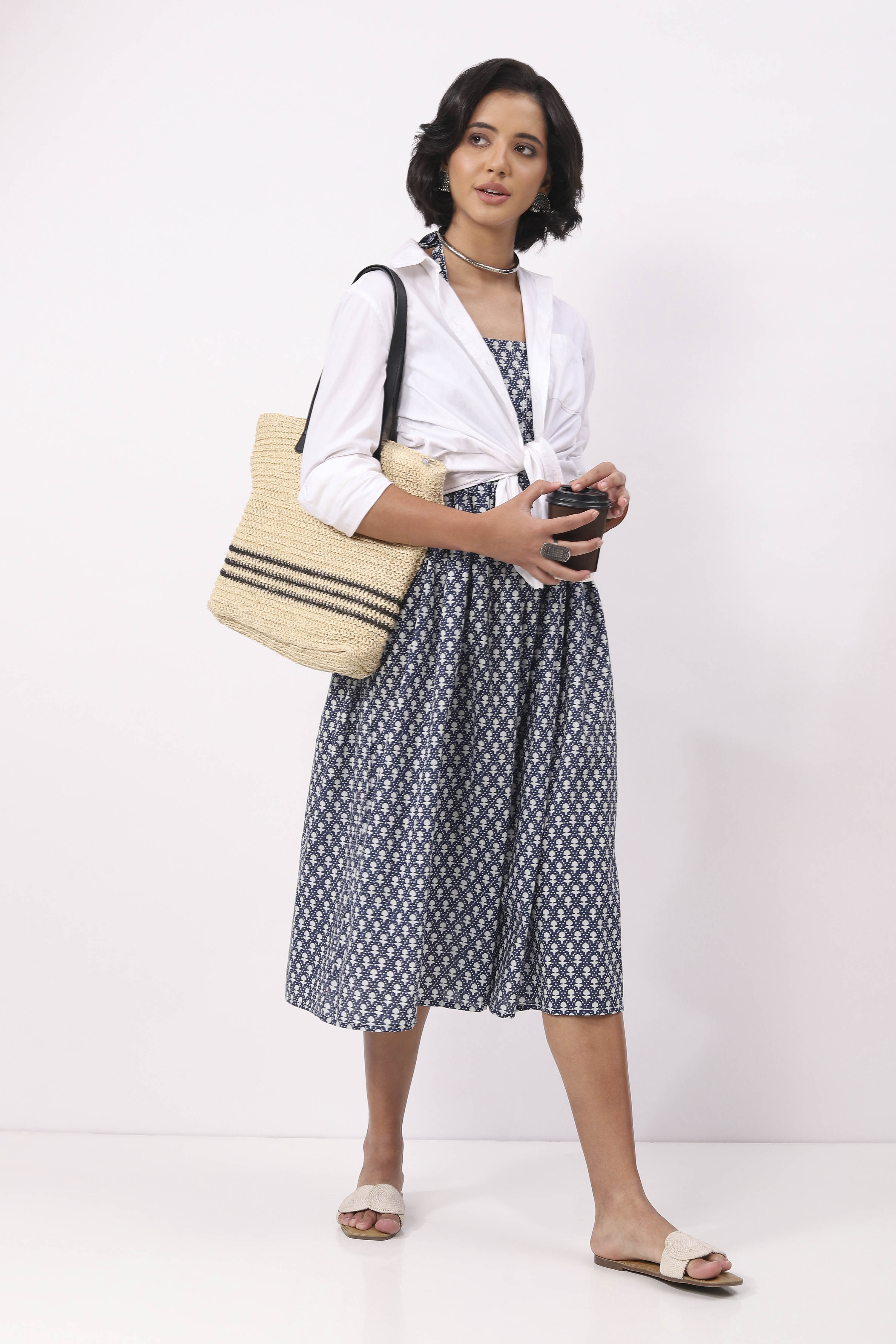 Indigo Cotton Ethnic Motif Printed Halter Midi Dress image number 6