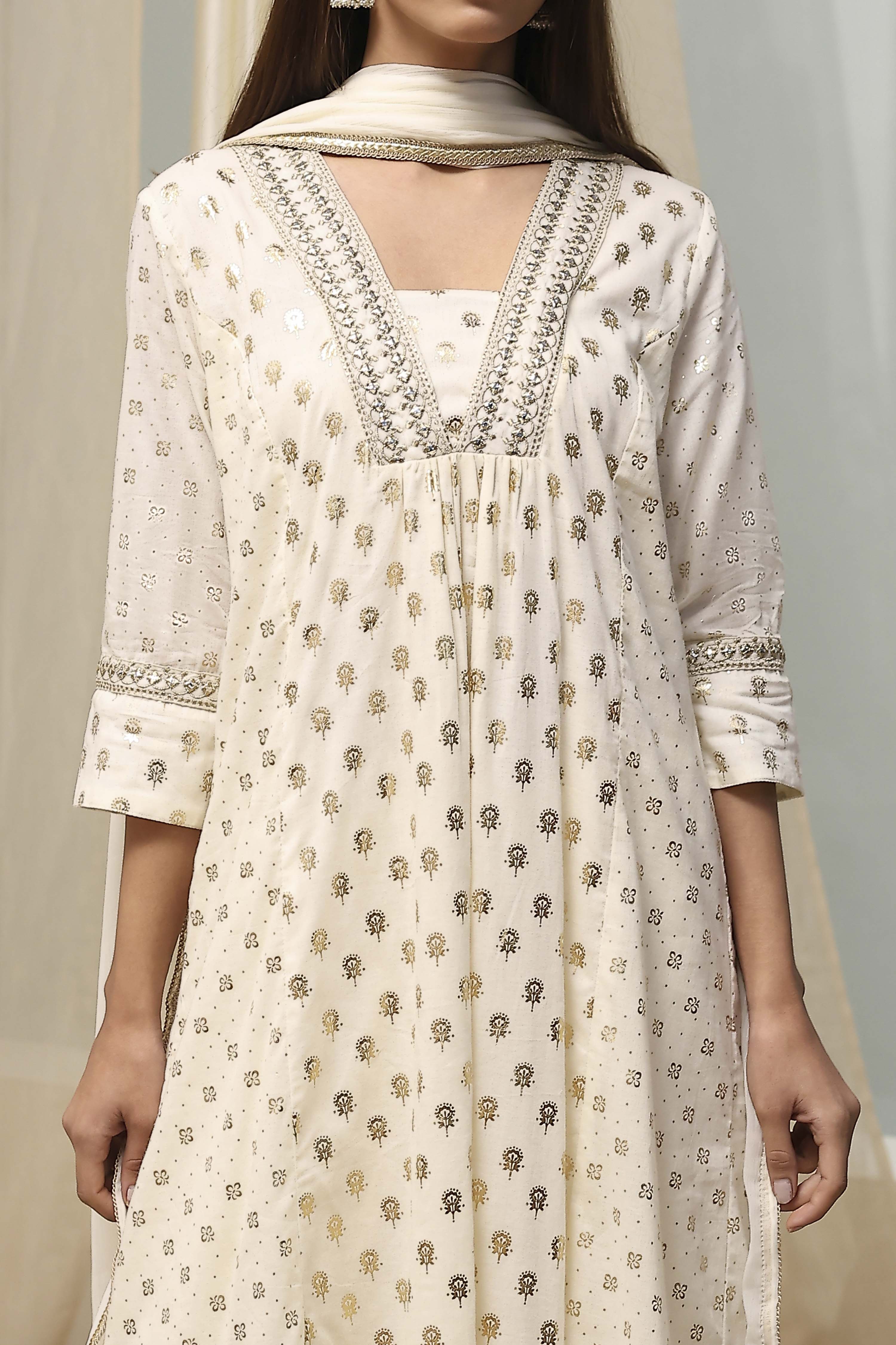 Off-White Cotton Printed Gathered Suit Set image number 1