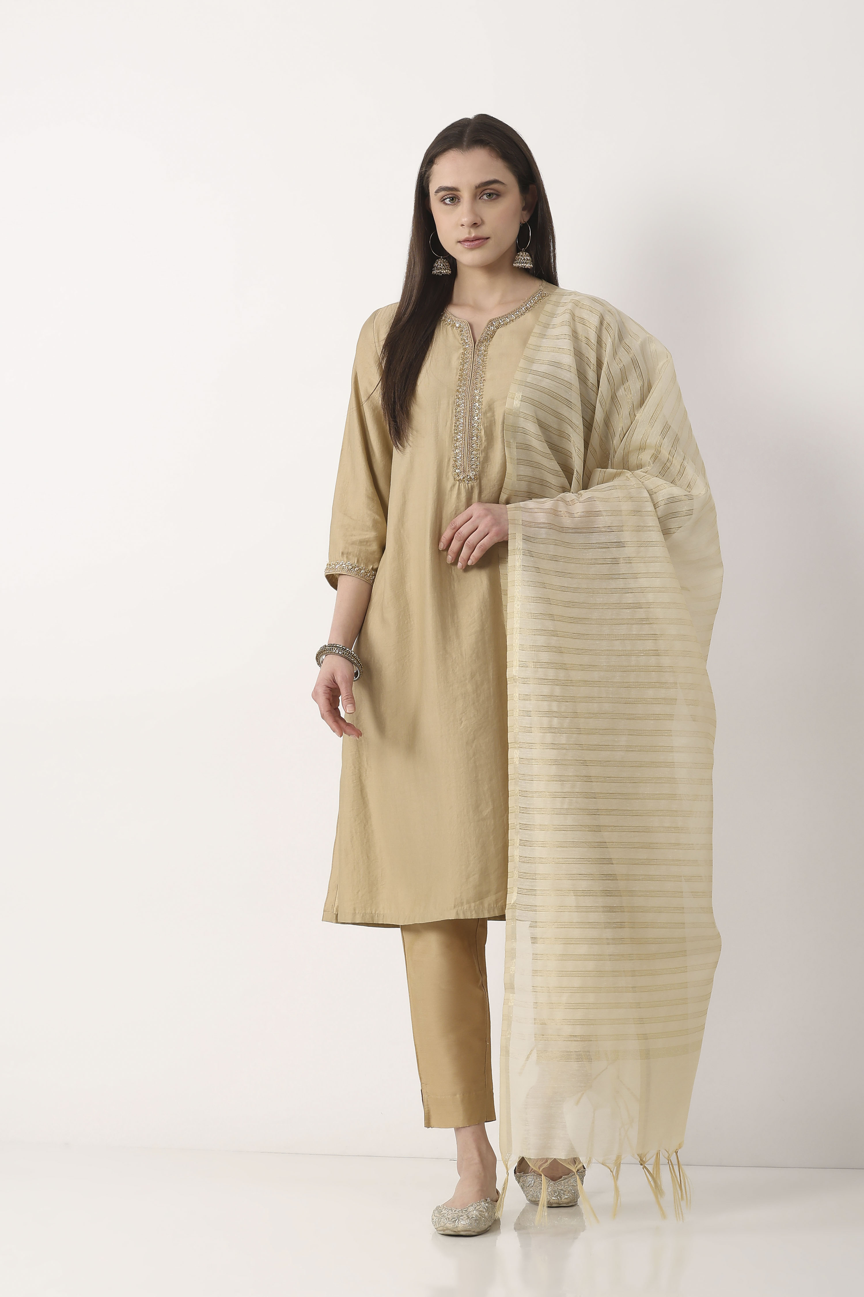 Beige Art Silk Semi Sheer Striped Dupatta image number 3