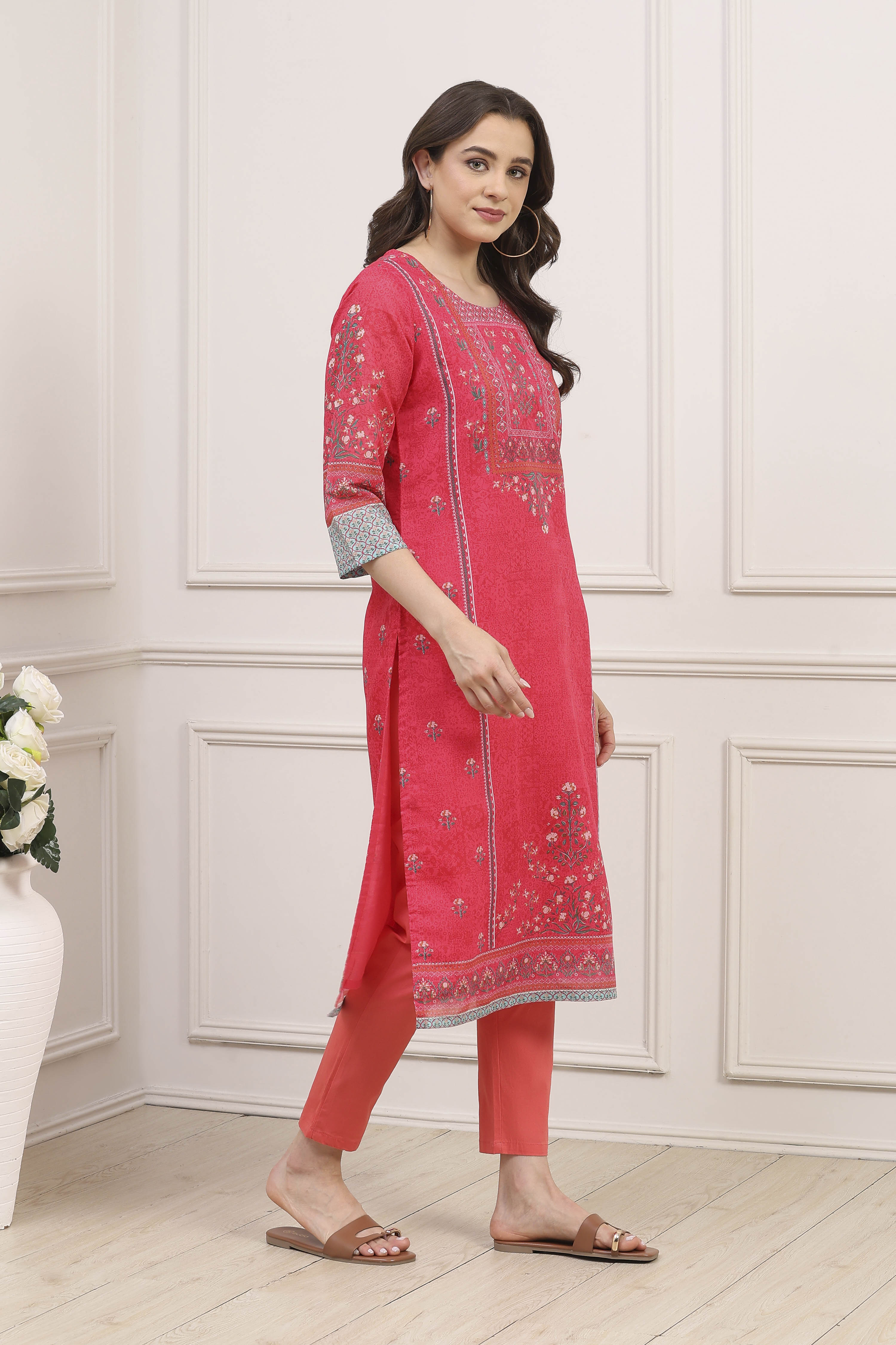 Dark Green A-Line Cotton Kurta image number 4