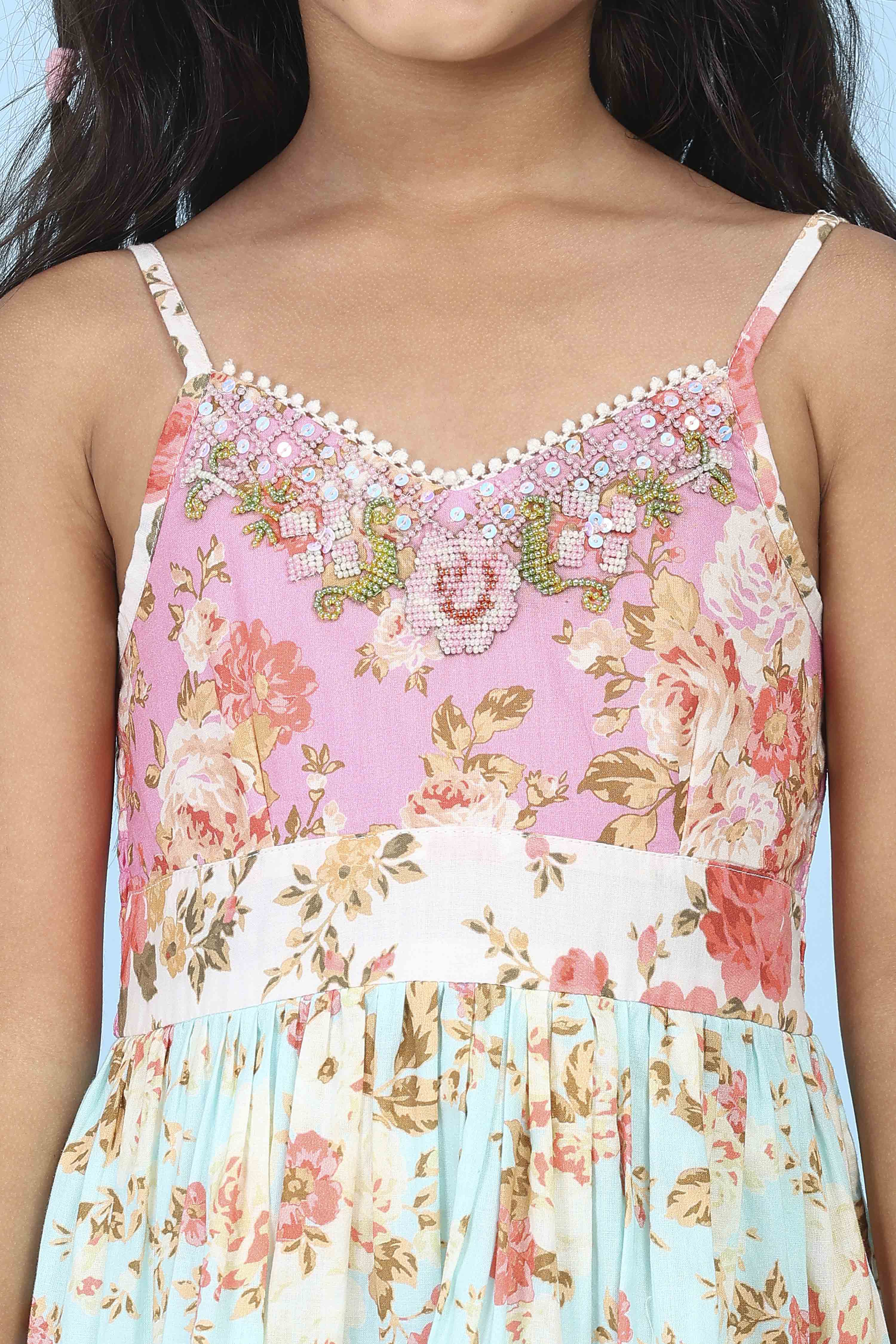 Pink Cotton All-Over Floral Tiered Flared Dress image number 1