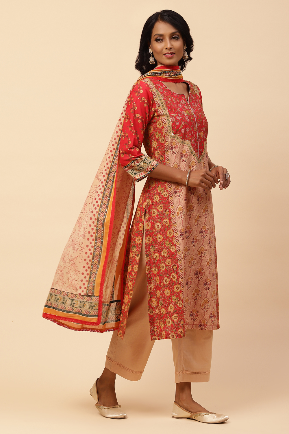 Khaki Cotton Straight Kurta Narrow Palazzo Suit Set image number 6