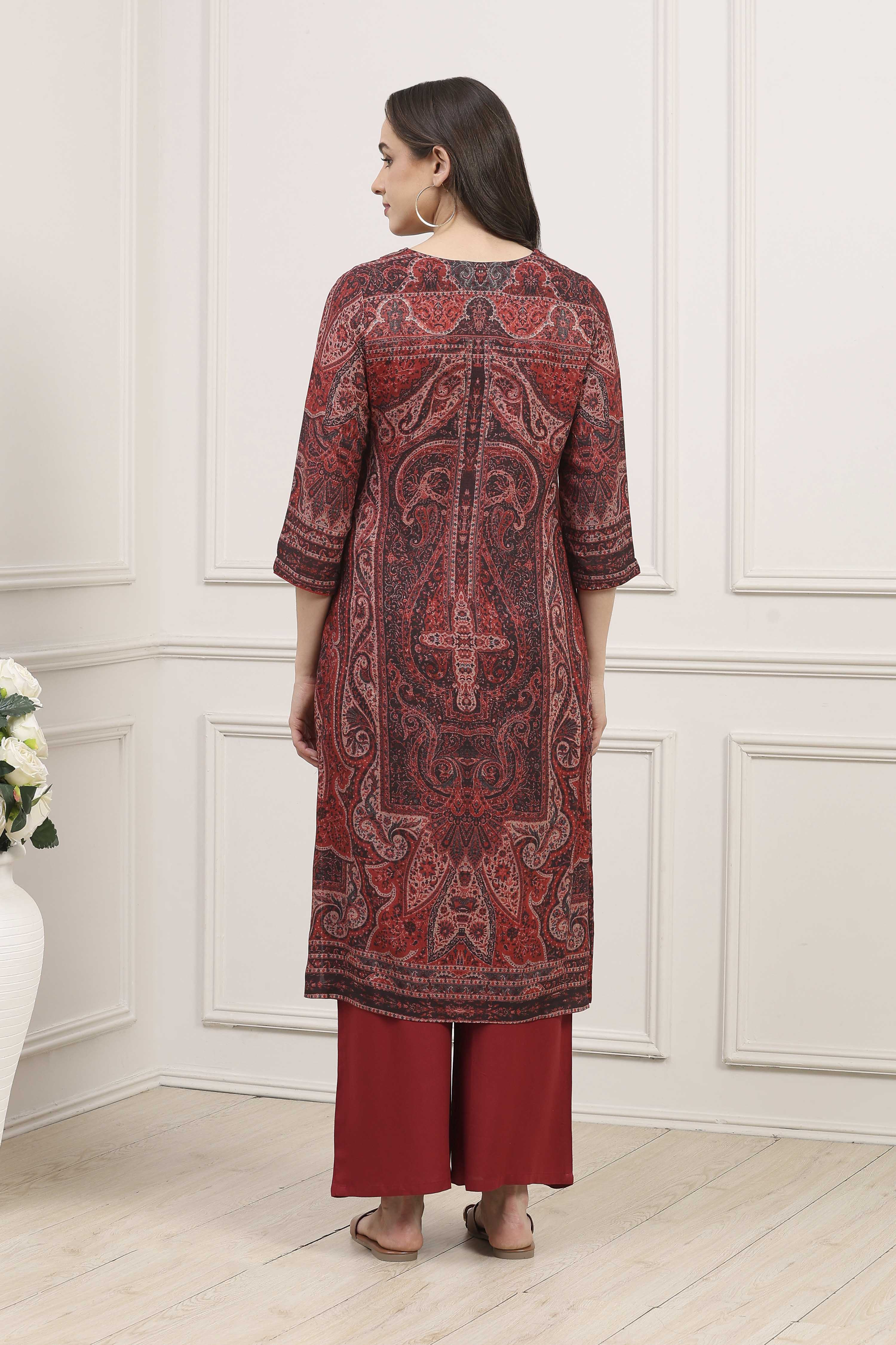 Dull Red LIVA Straight Printed Kurta image number 3
