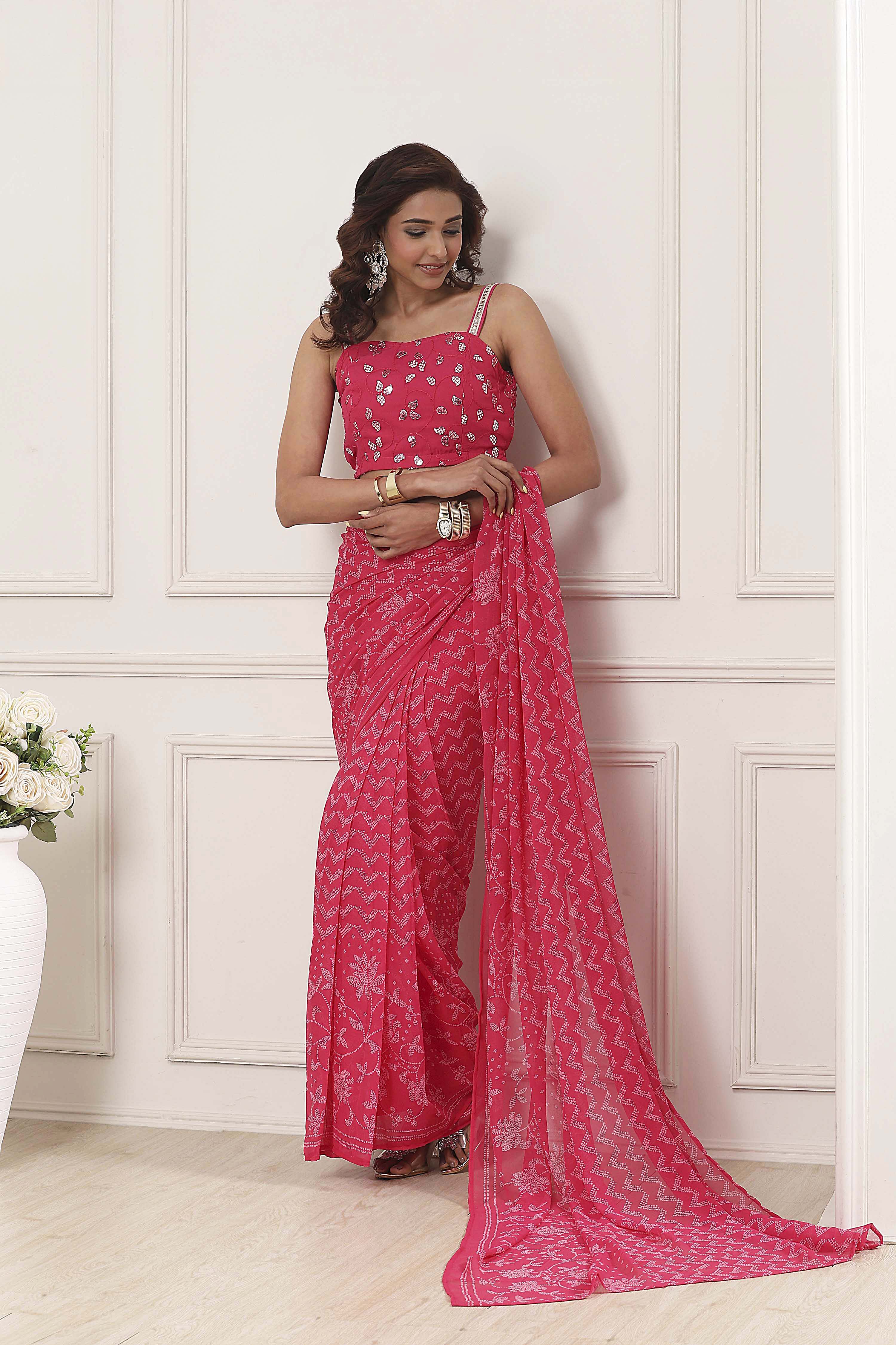 Pink Poly Georgette Printed Saree With Blouse image number 5