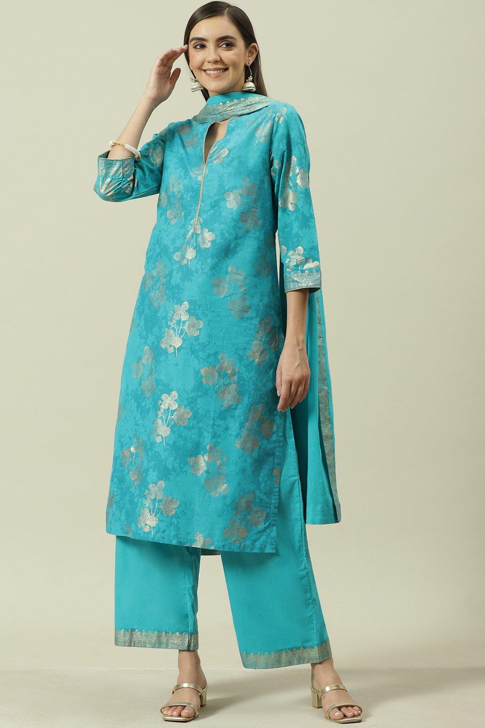 Mehndi Printed Cotton Straight Kurta Palazzo Suit Set image number 0