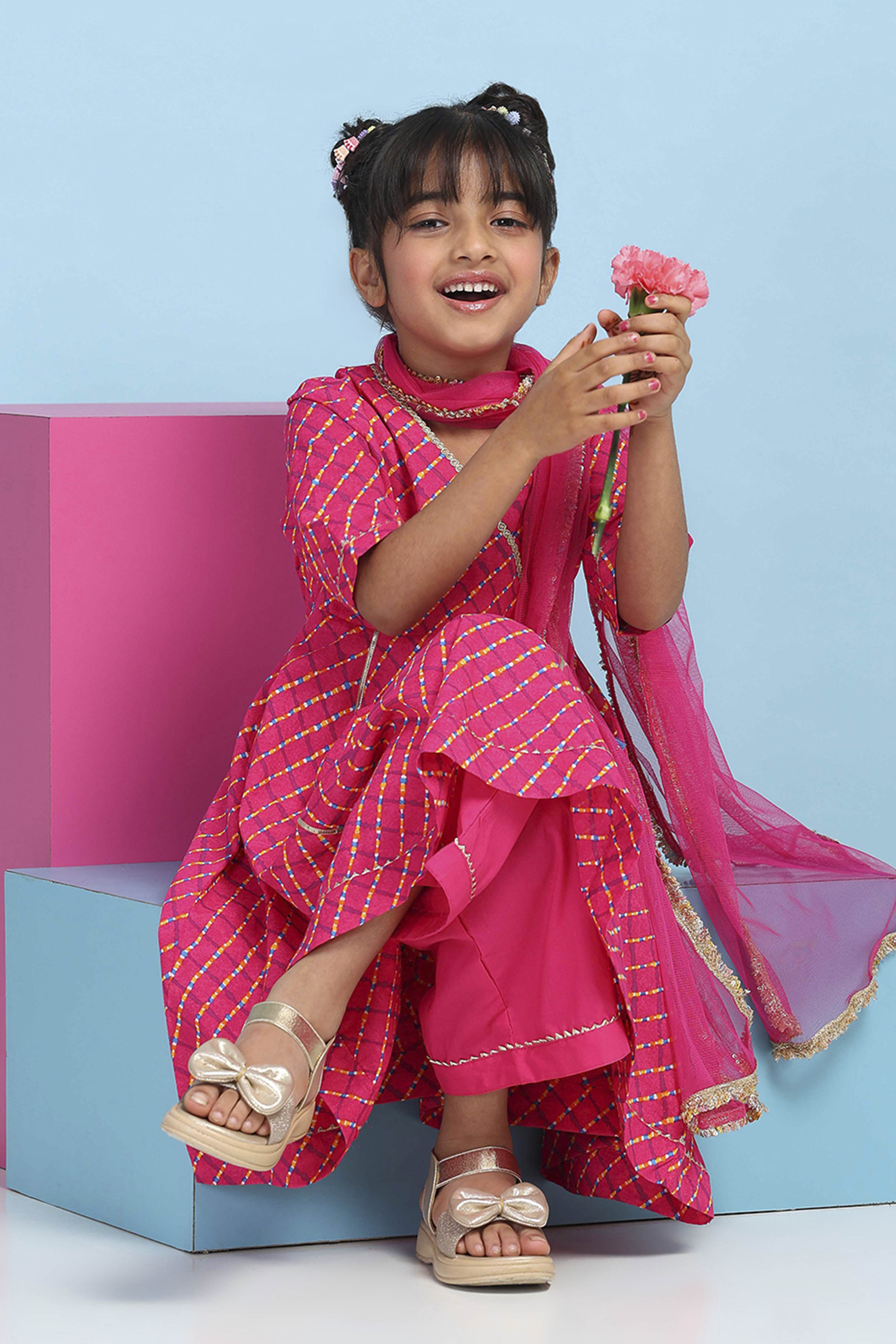 Pink Cotton Printed Anarkali Suit Set image number 0