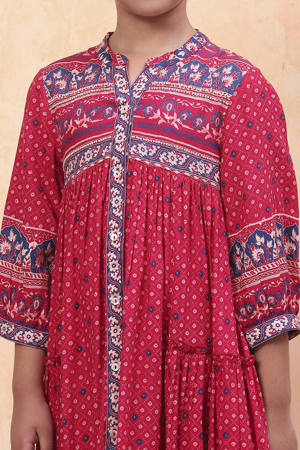 Pink Bandhani Printed Flared Tiered Dress image number 1
