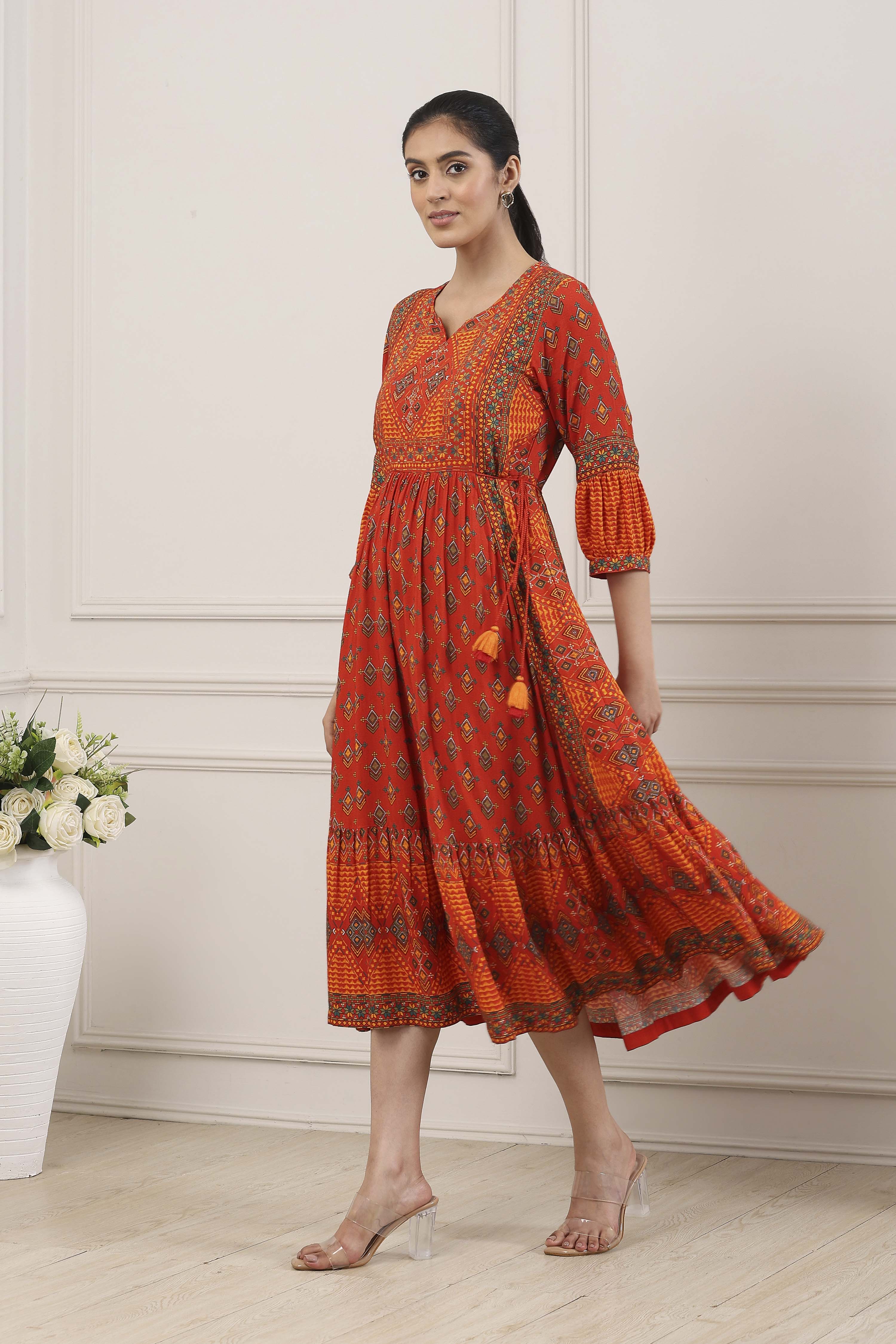 Indigo Ethnic Motifs Flared Midi Dress image number 2