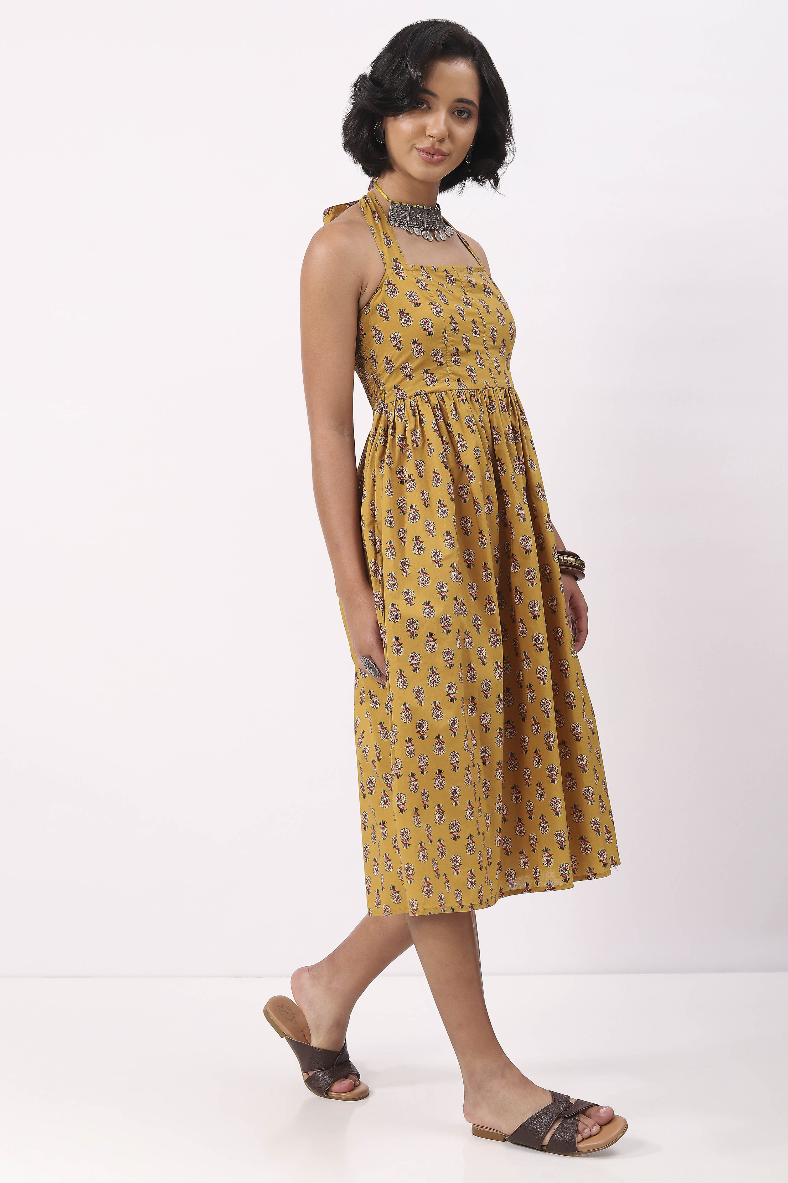 Yellow Cotton Floral Lace-Up Midi Dress image number 3