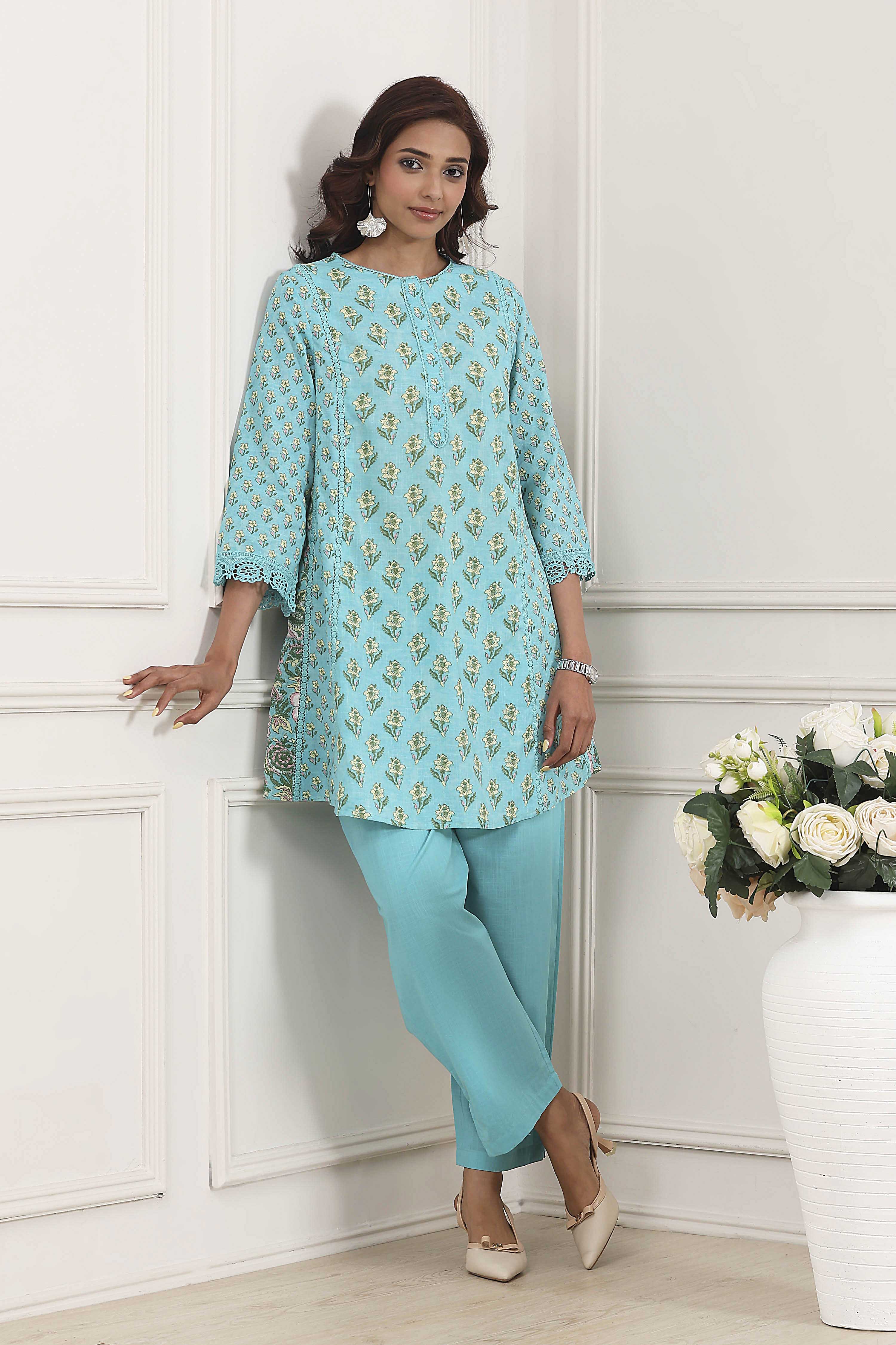 Turquoise Cotton Printed Kalidar Kurta Set image number 0