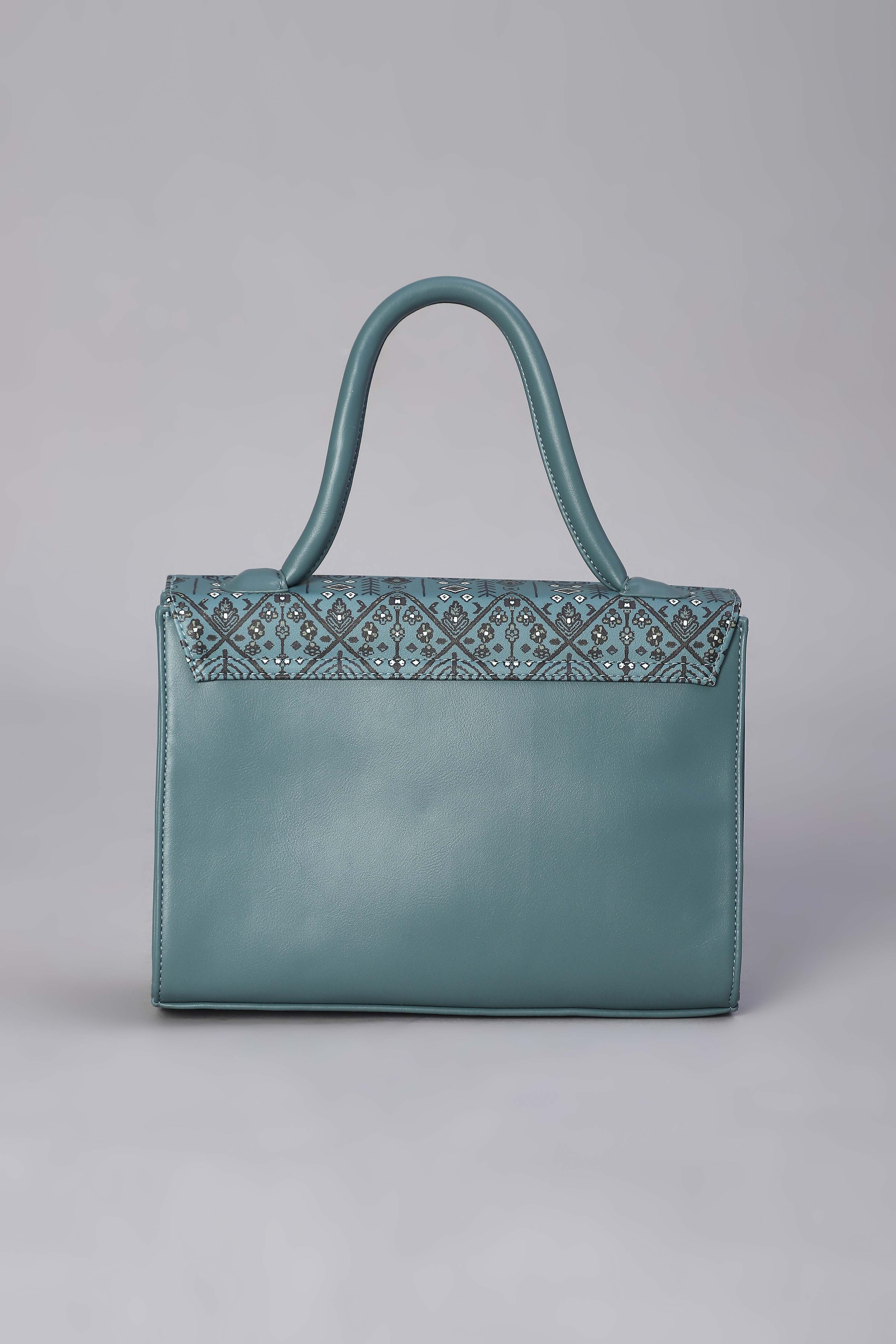 Teal Blue PU Printed Structured Satchel Bag image number 2