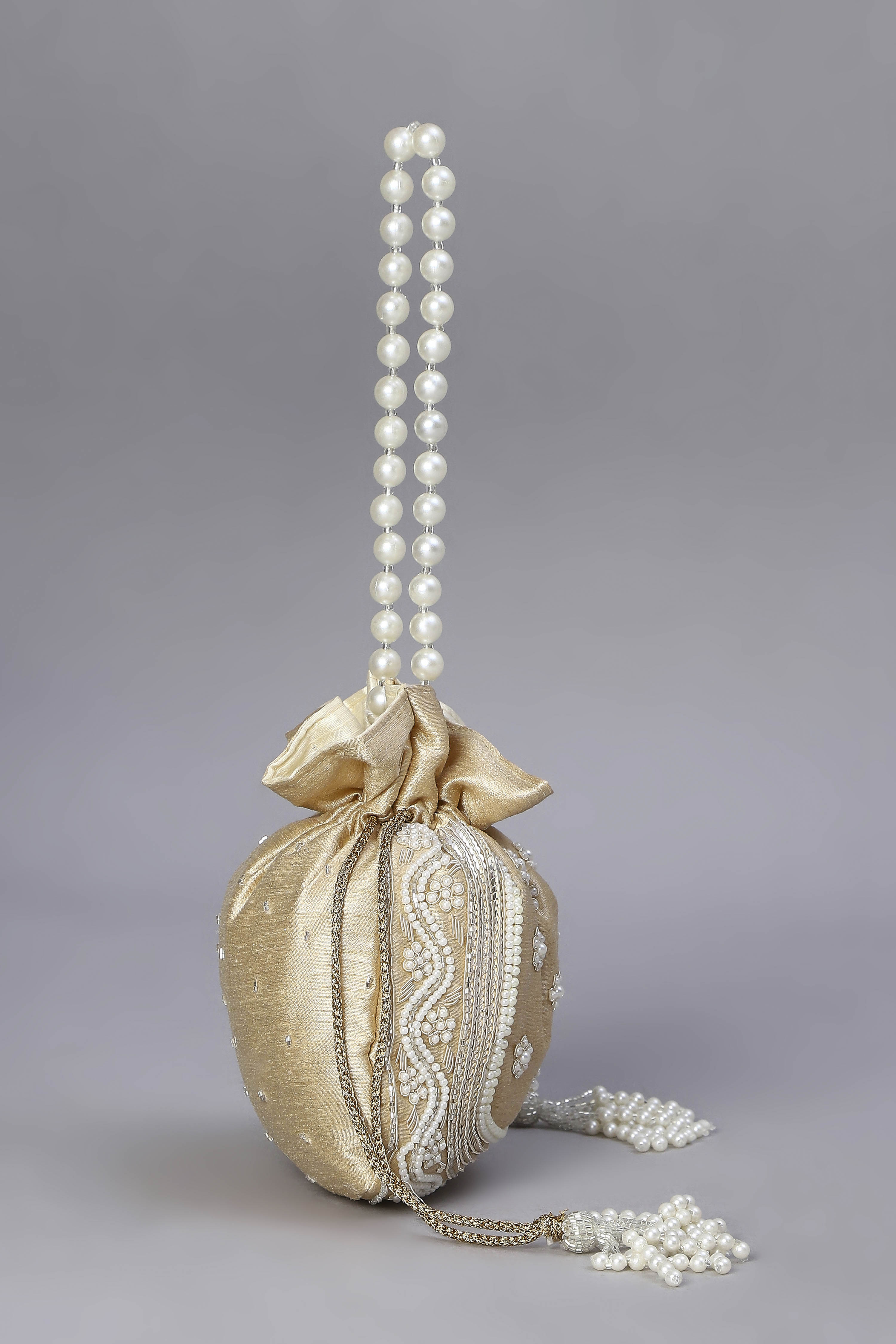 Beige Fabric Floral Embellished Potli image number 4