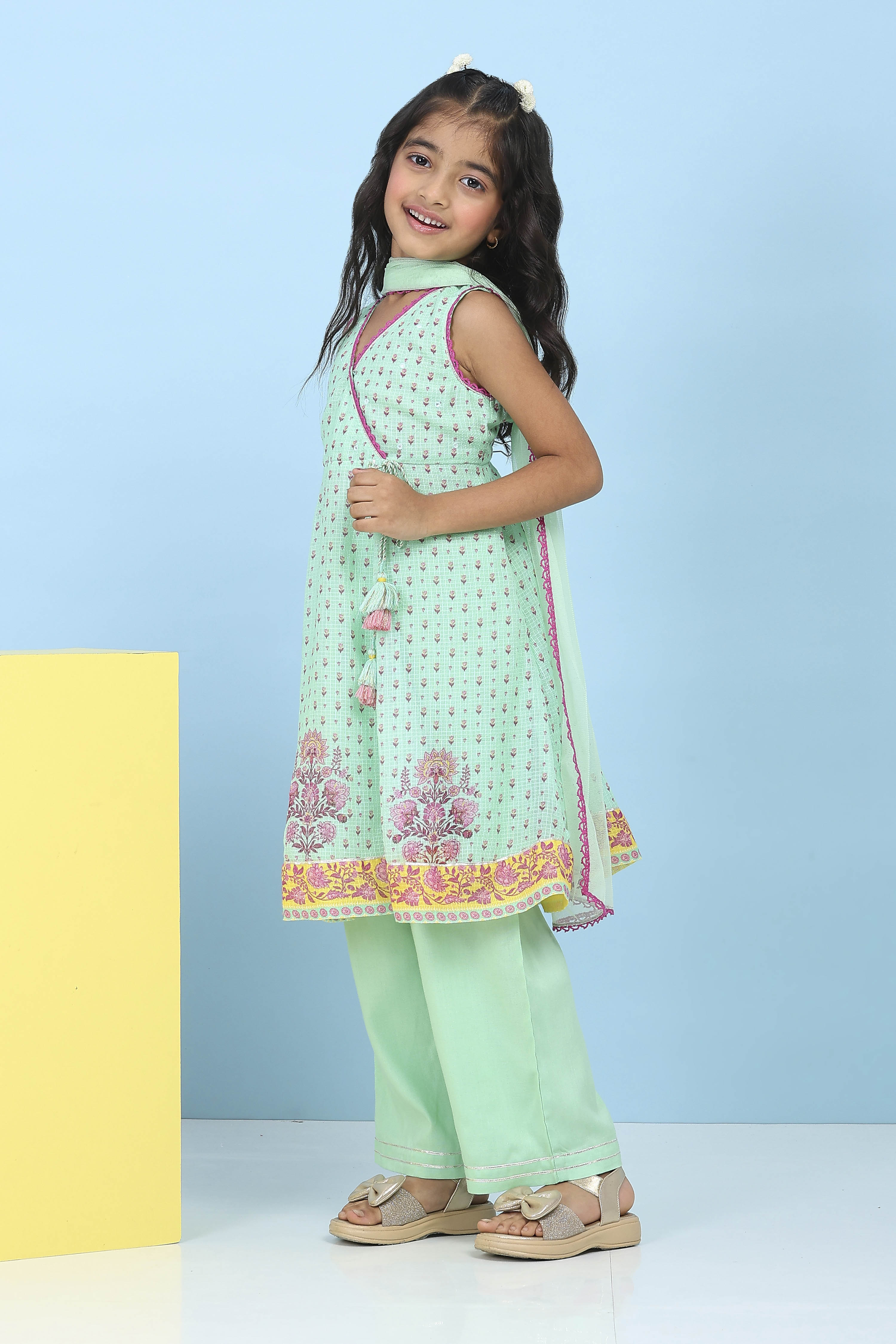 Green Cotton Floral Printed Anarkali Suit Set image number 3