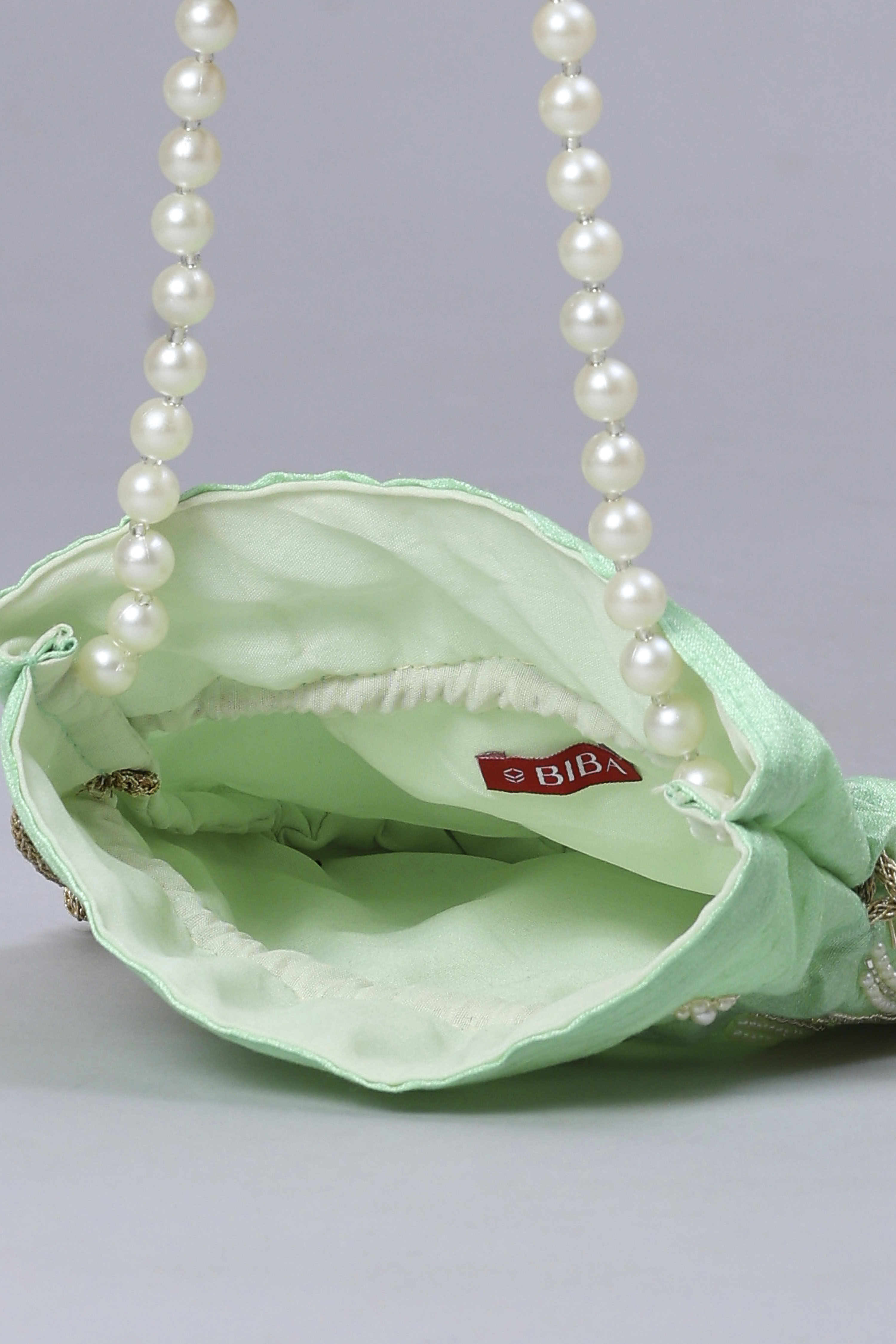 Green Fabric Floral Embellished Potli image number 5