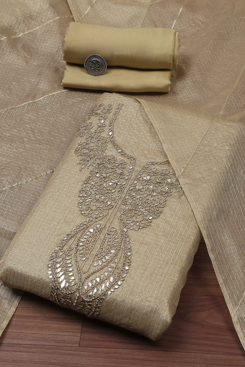 Peach-Toned Tissue Embroidered Unstitched Suit Set image number 0