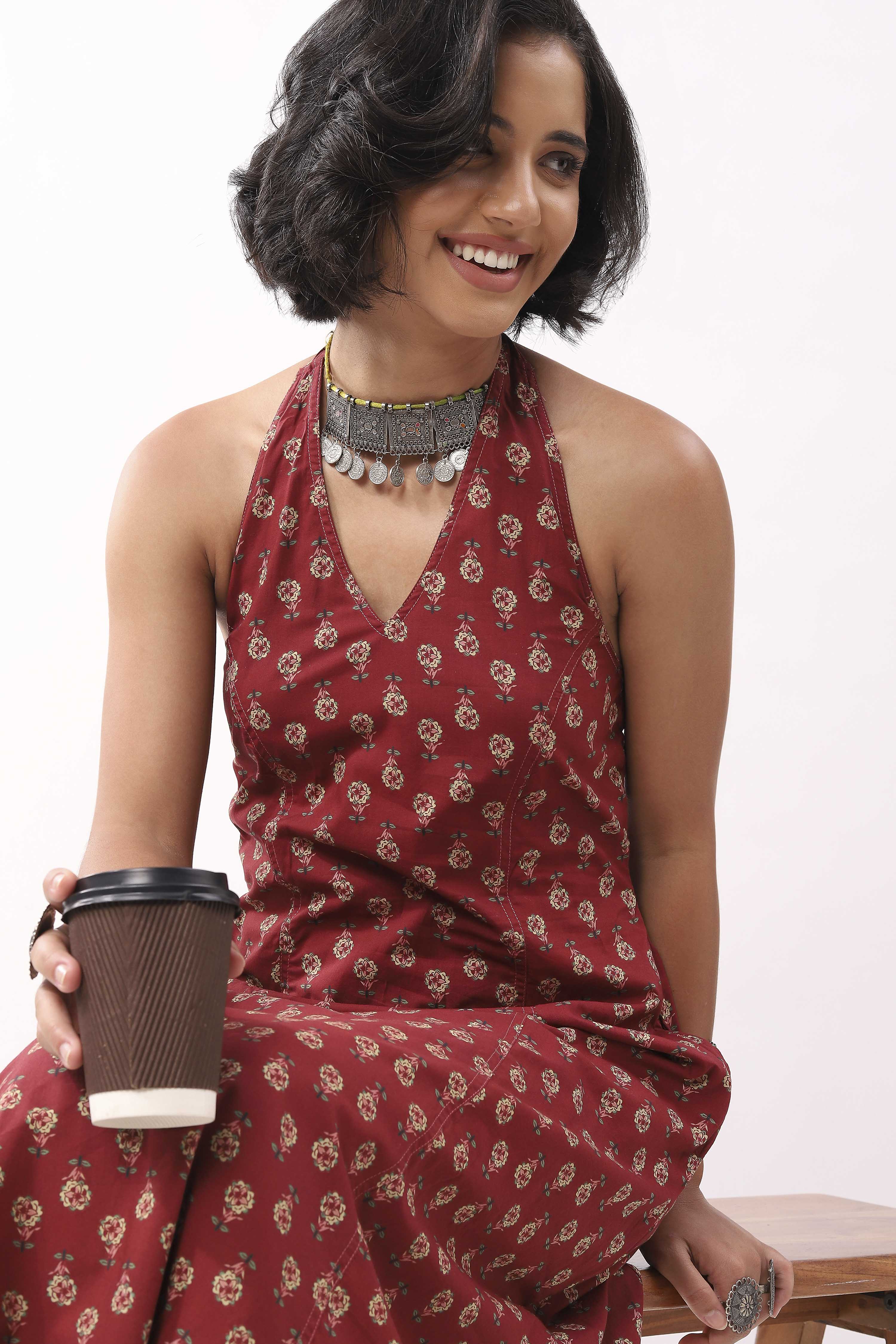 Red Cotton Floral Printed Lace-Up Midi Dress image number 1
