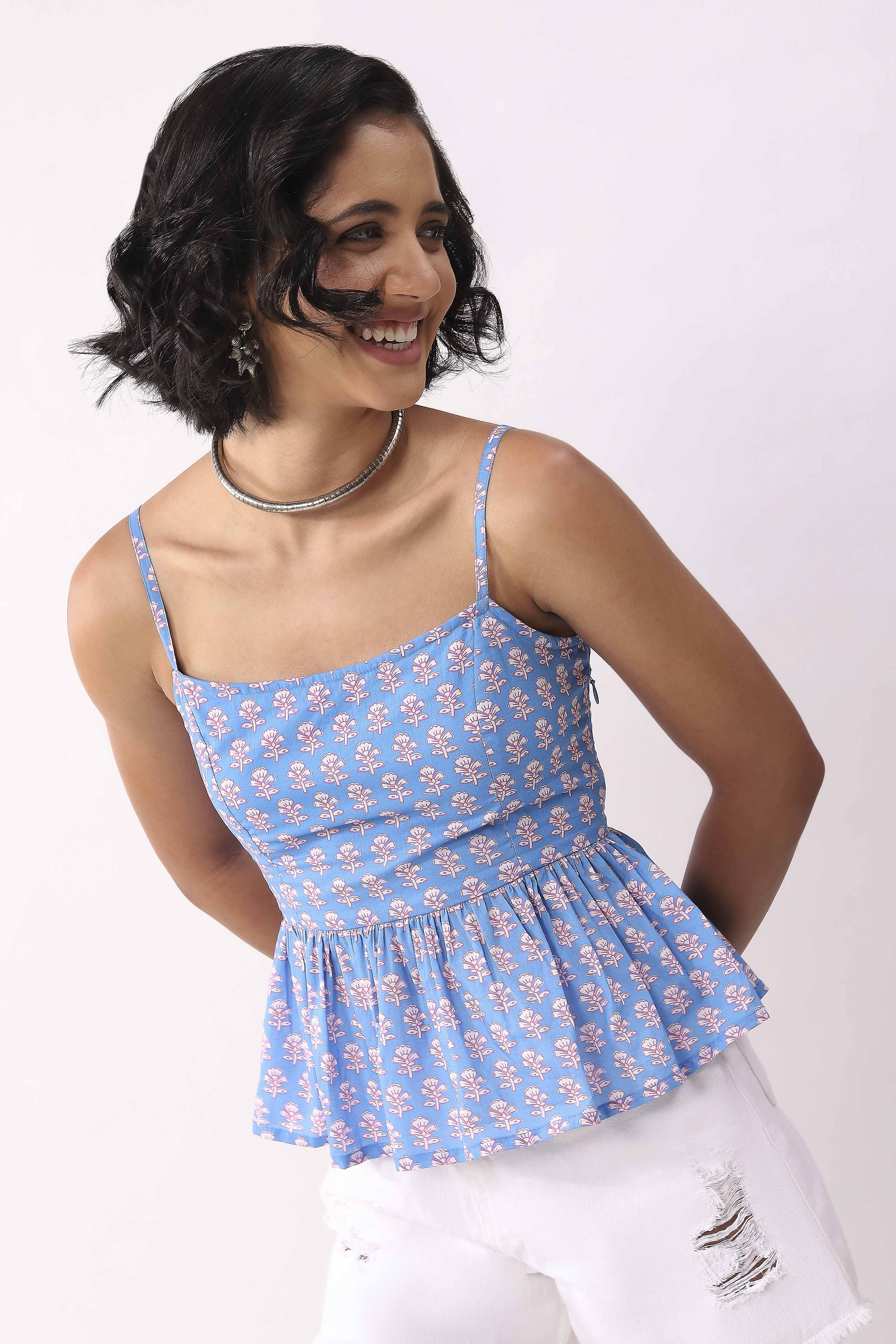 Blue Cotton Floral Tie-Up Back Peplum Top image number 2