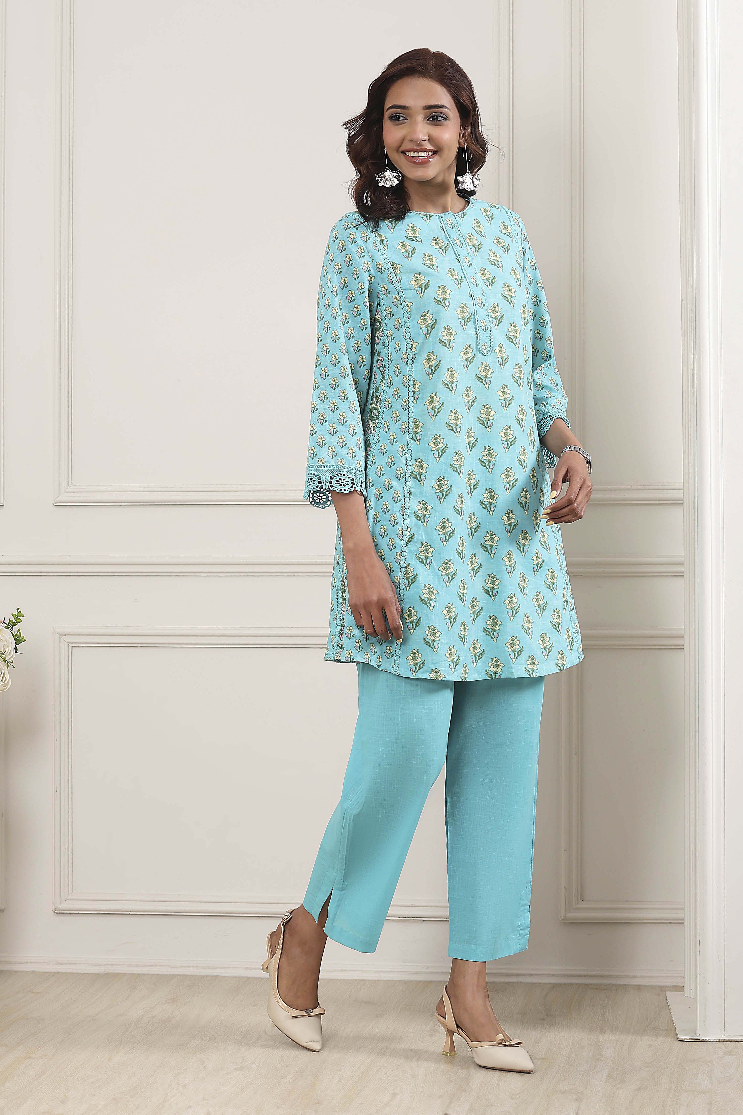 Turquoise Cotton Printed Kalidar Kurta Set image number 5