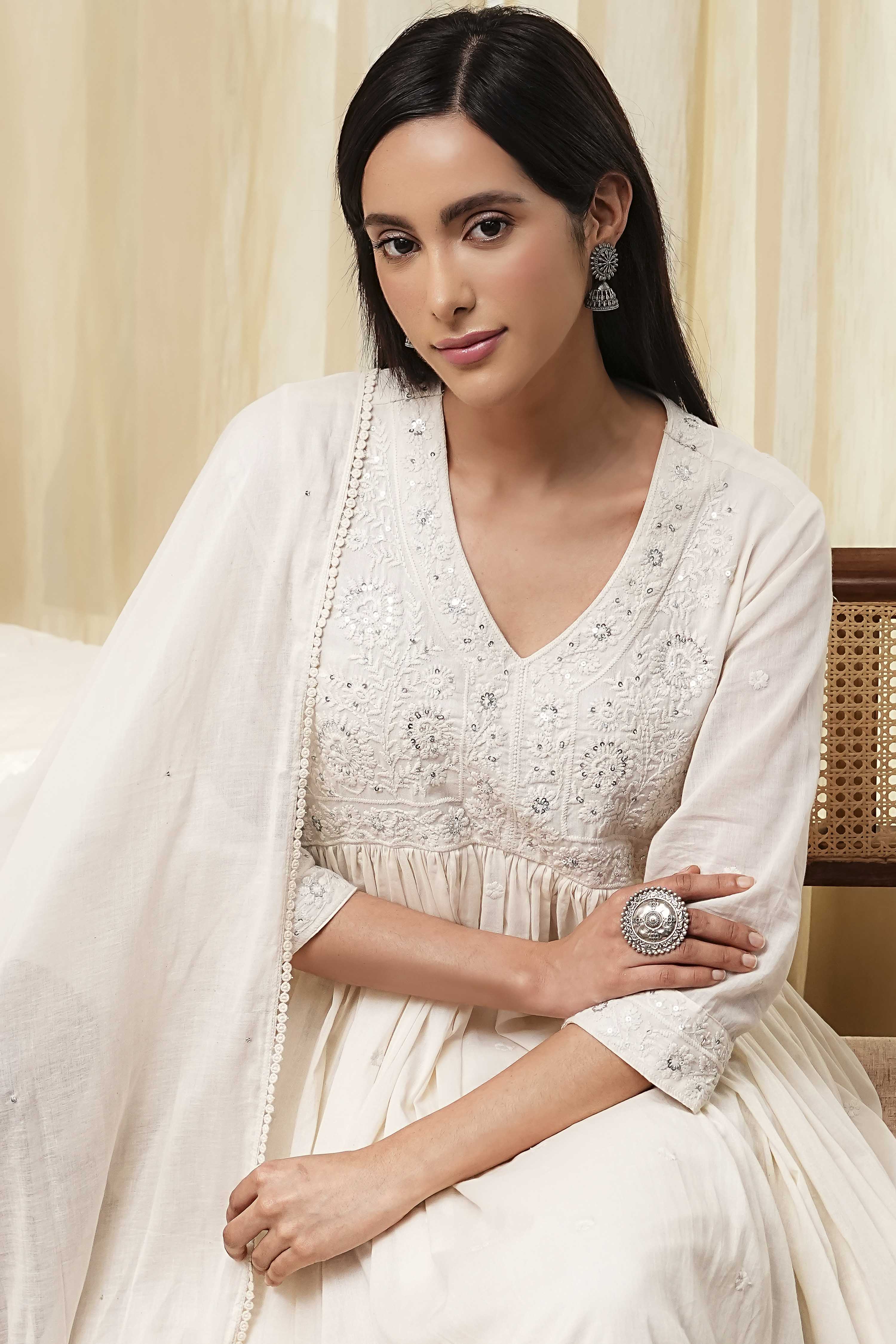 Off-White Cotton Embroidered Gathered Suit Set image number 7