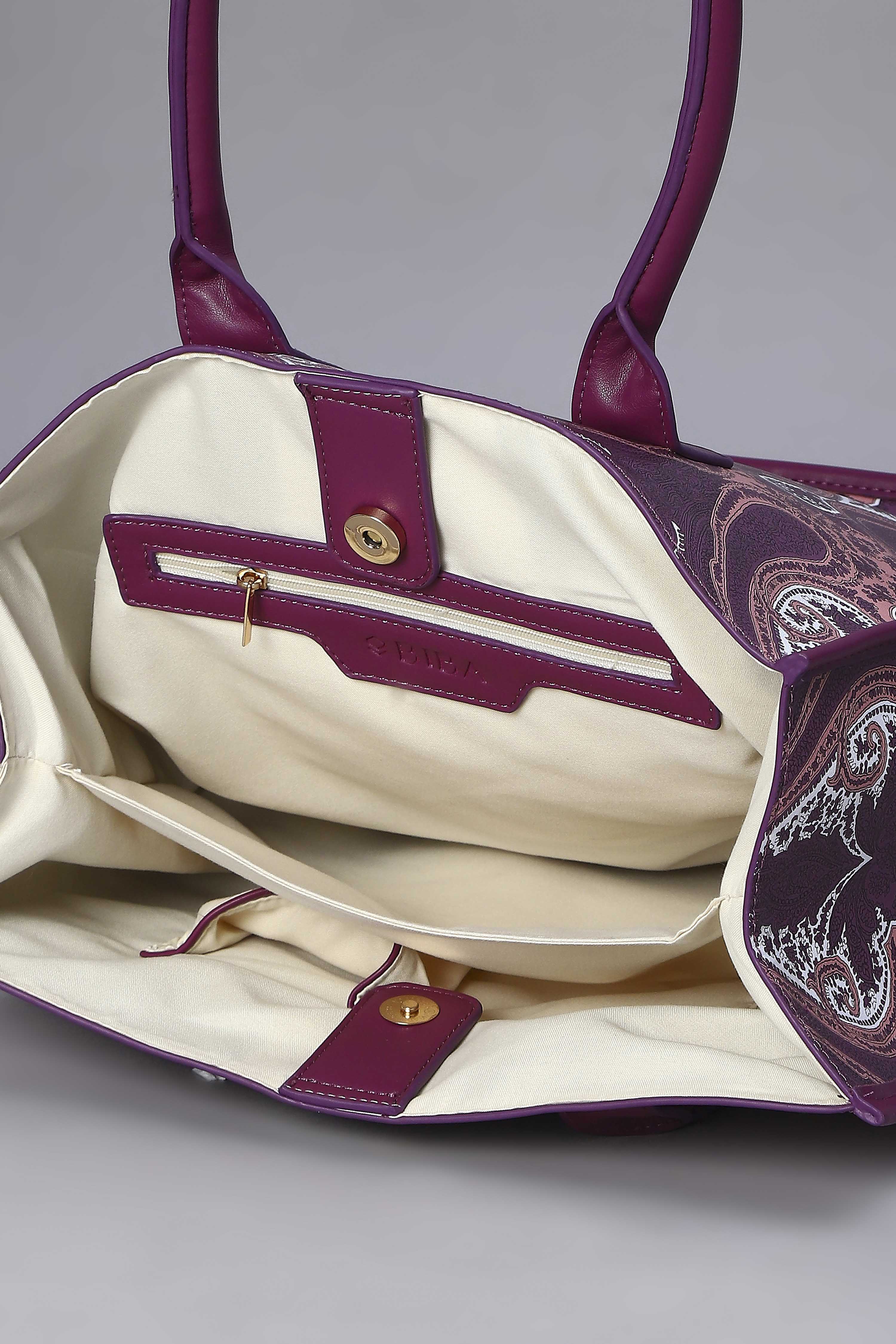 Magenta PU Printed Structured Tote Bag With Pouch image number 5