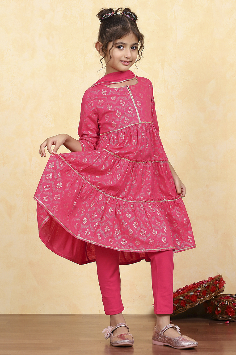 Blue Cotton Tiered Printed Kurta Churidar Set image number 5