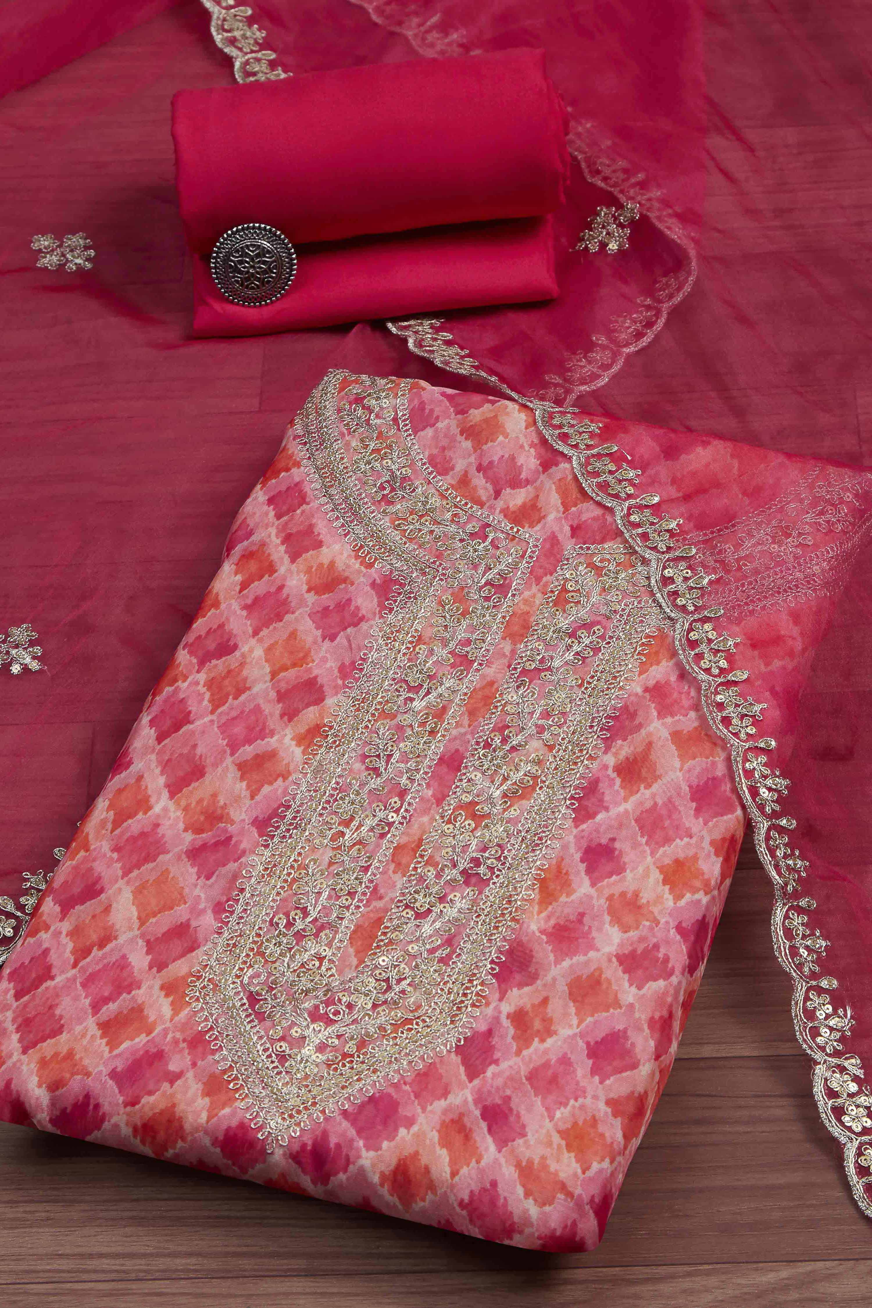 Yellow Organza Rajasthani Print Unstitched Suit Set image number 0