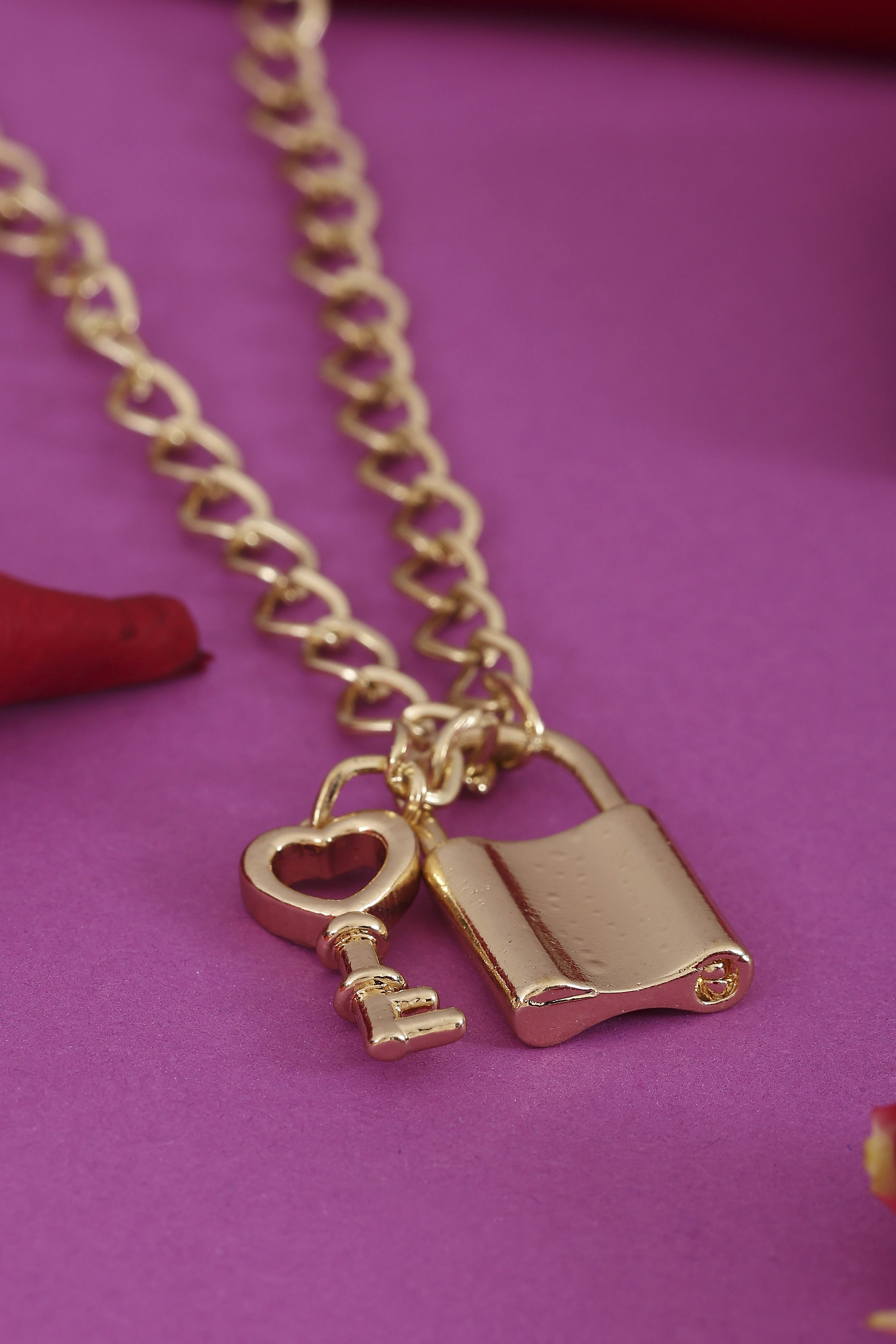 Gold Plated Brass Lock & Key Necklace image number 2