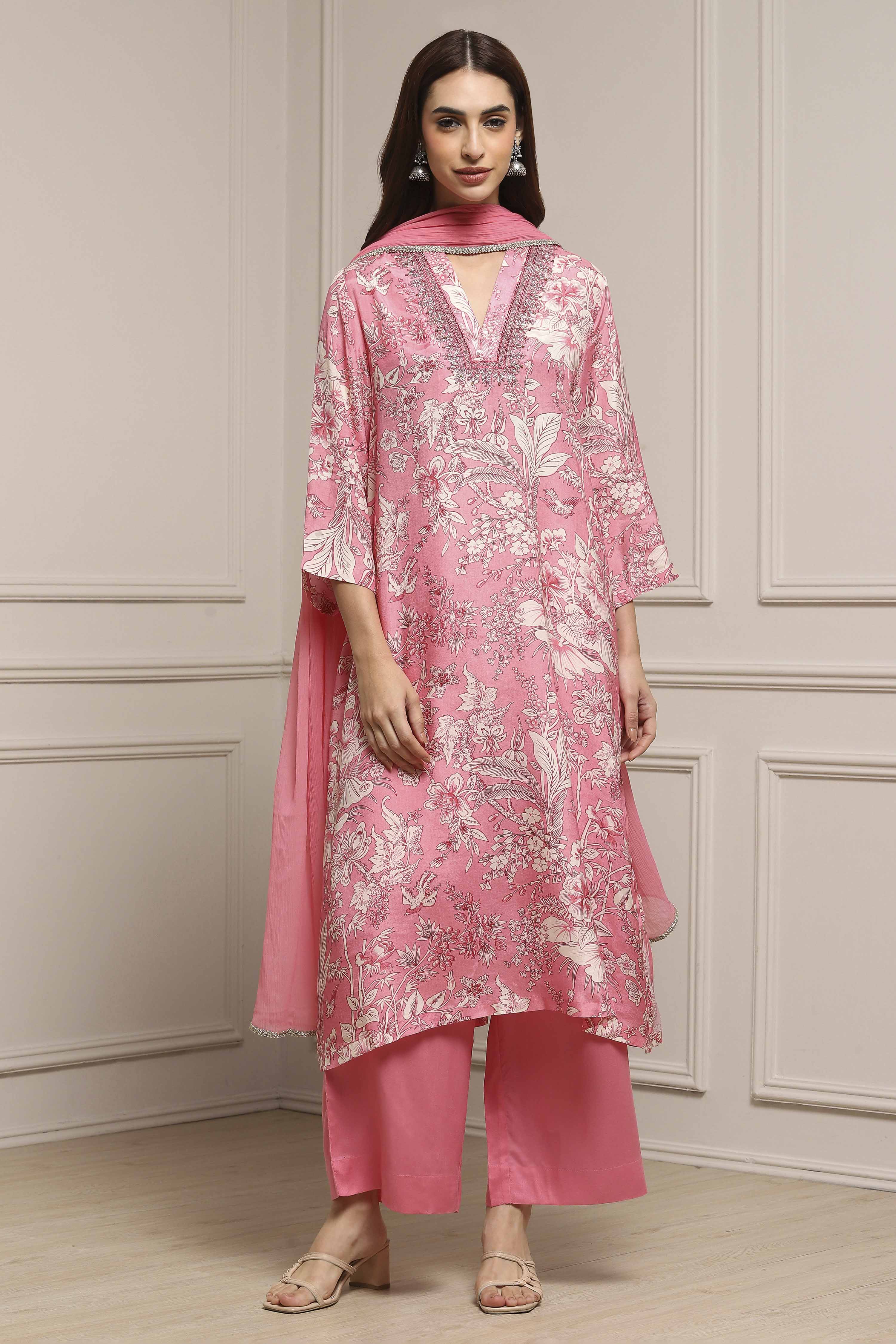 Blue Floral Printed Asymmetric Suit Set image number 6
