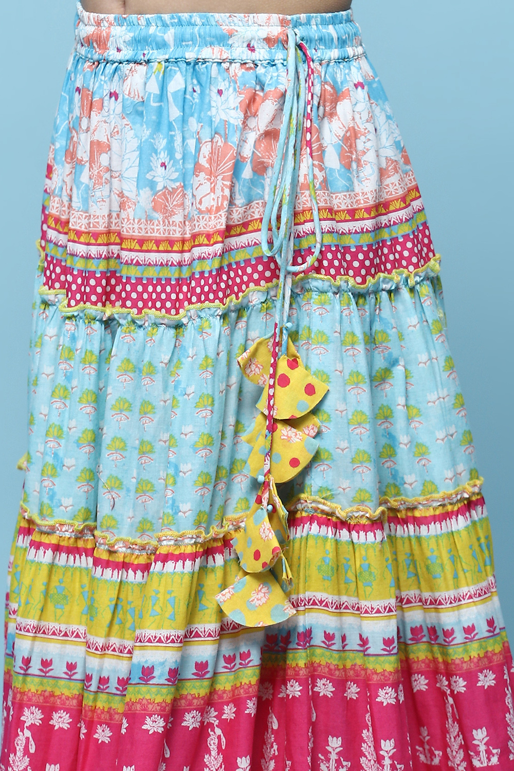 Yellow Cotton Strappy Top With Tiered Lehenga & Net Dupatta image number 2