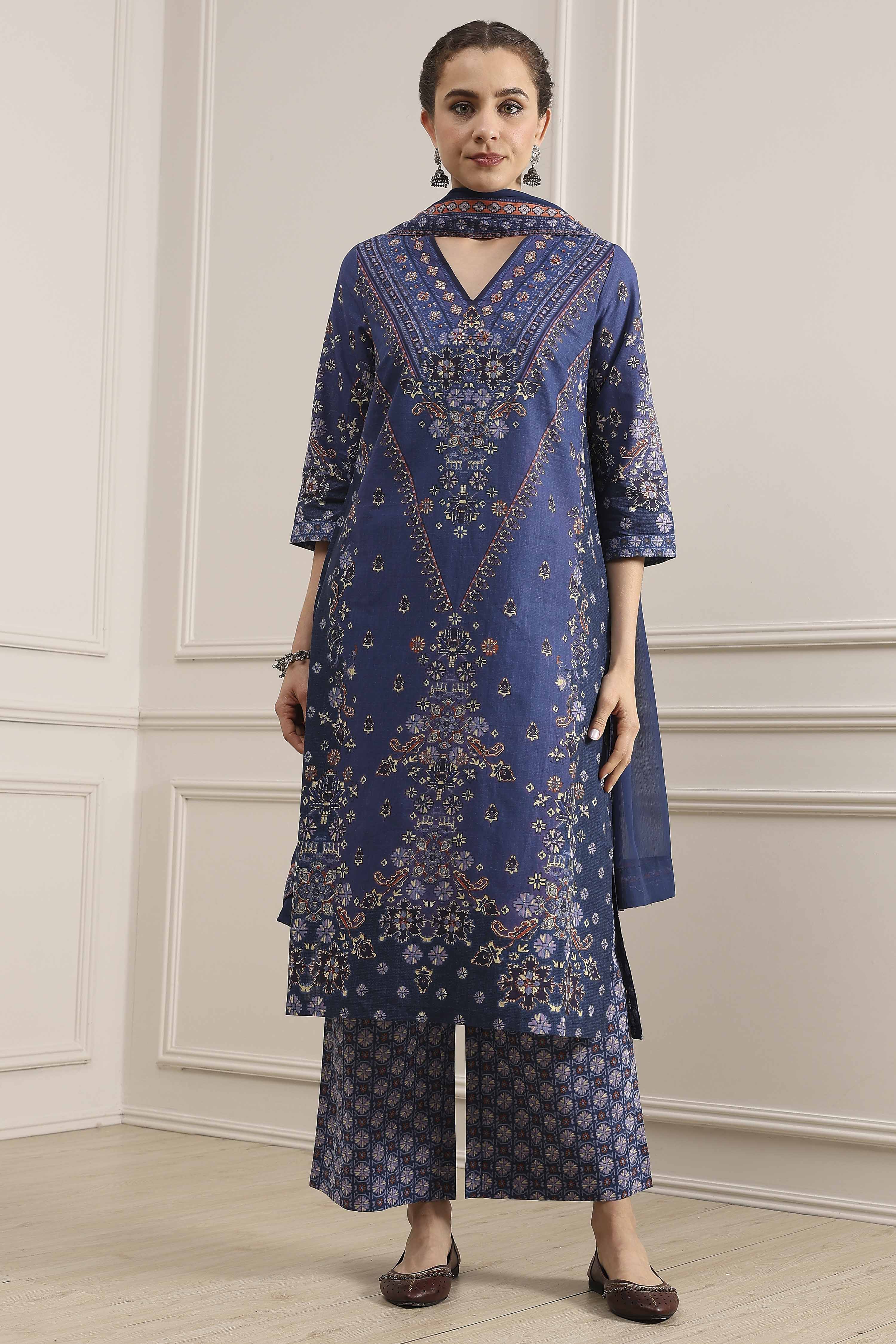 Red Cotton Printed Straight Suit Set image number 6