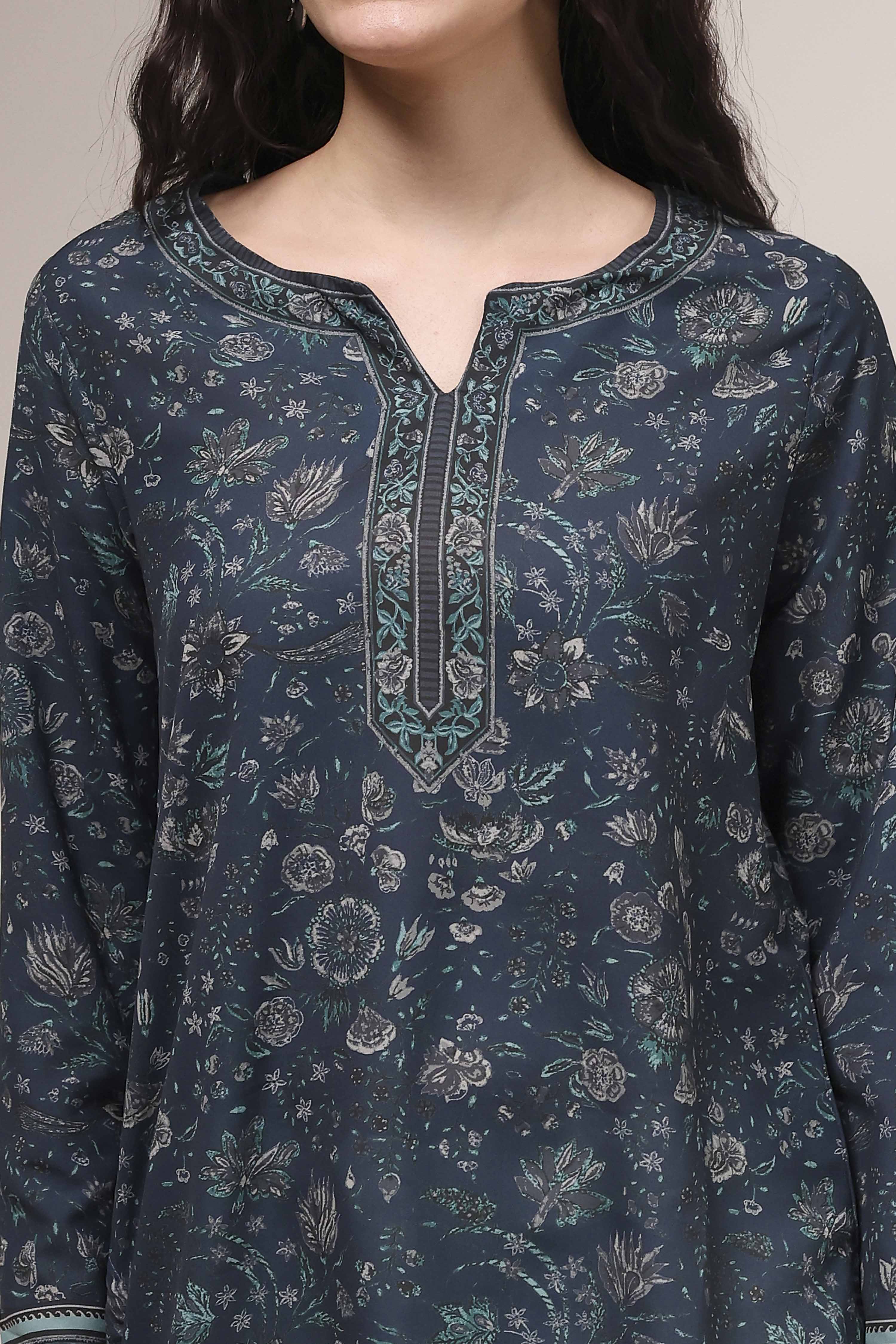 Blue Printed Straight Short Kurta image number 1