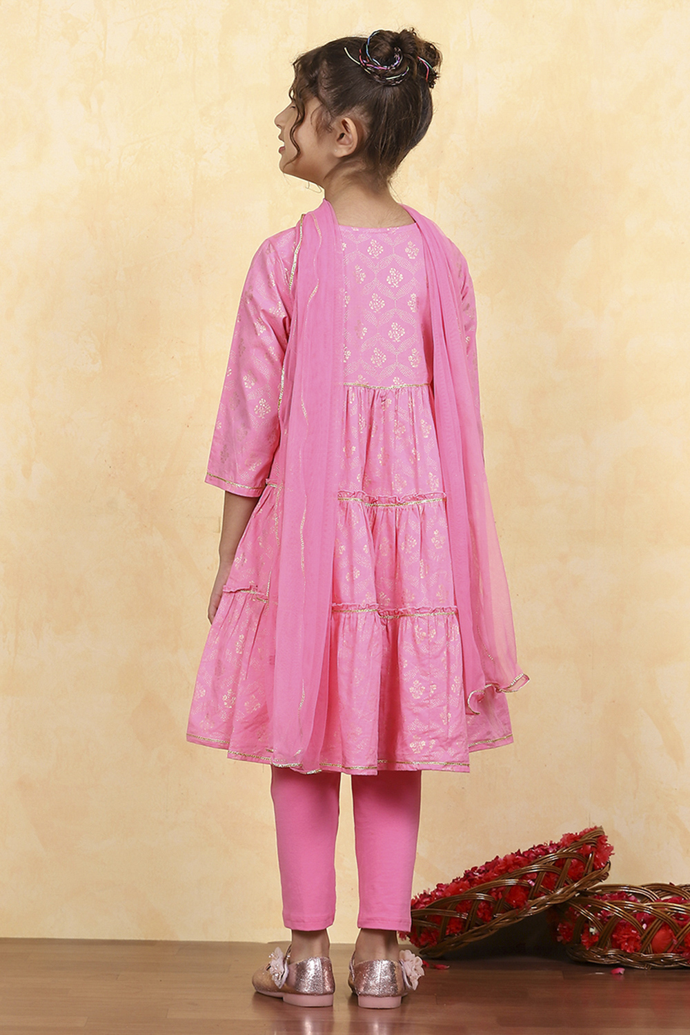 Blue Cotton Tiered Printed Kurta Churidar Set image number 4
