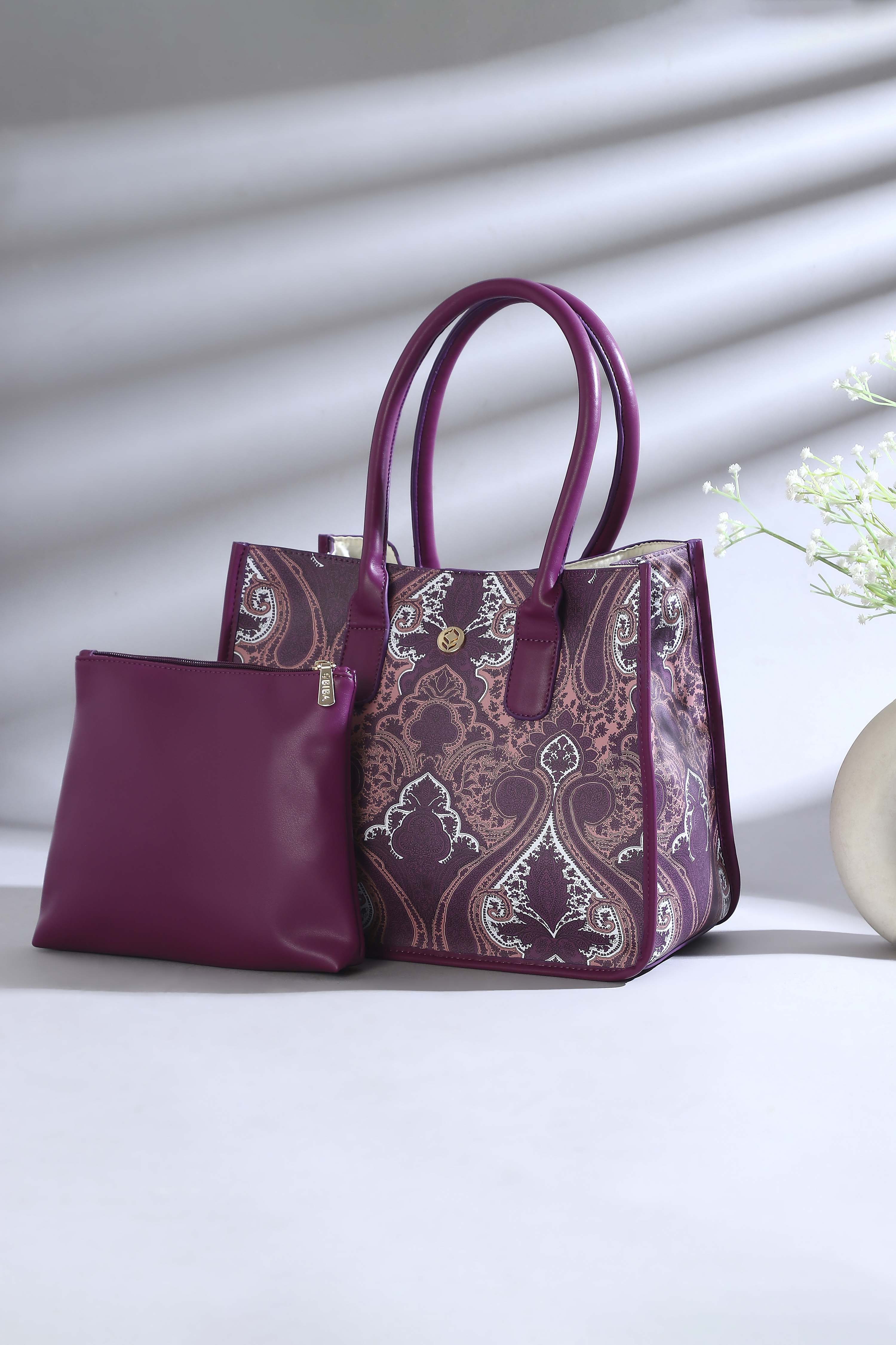 Magenta PU Printed Structured Tote Bag With Pouch image number 0