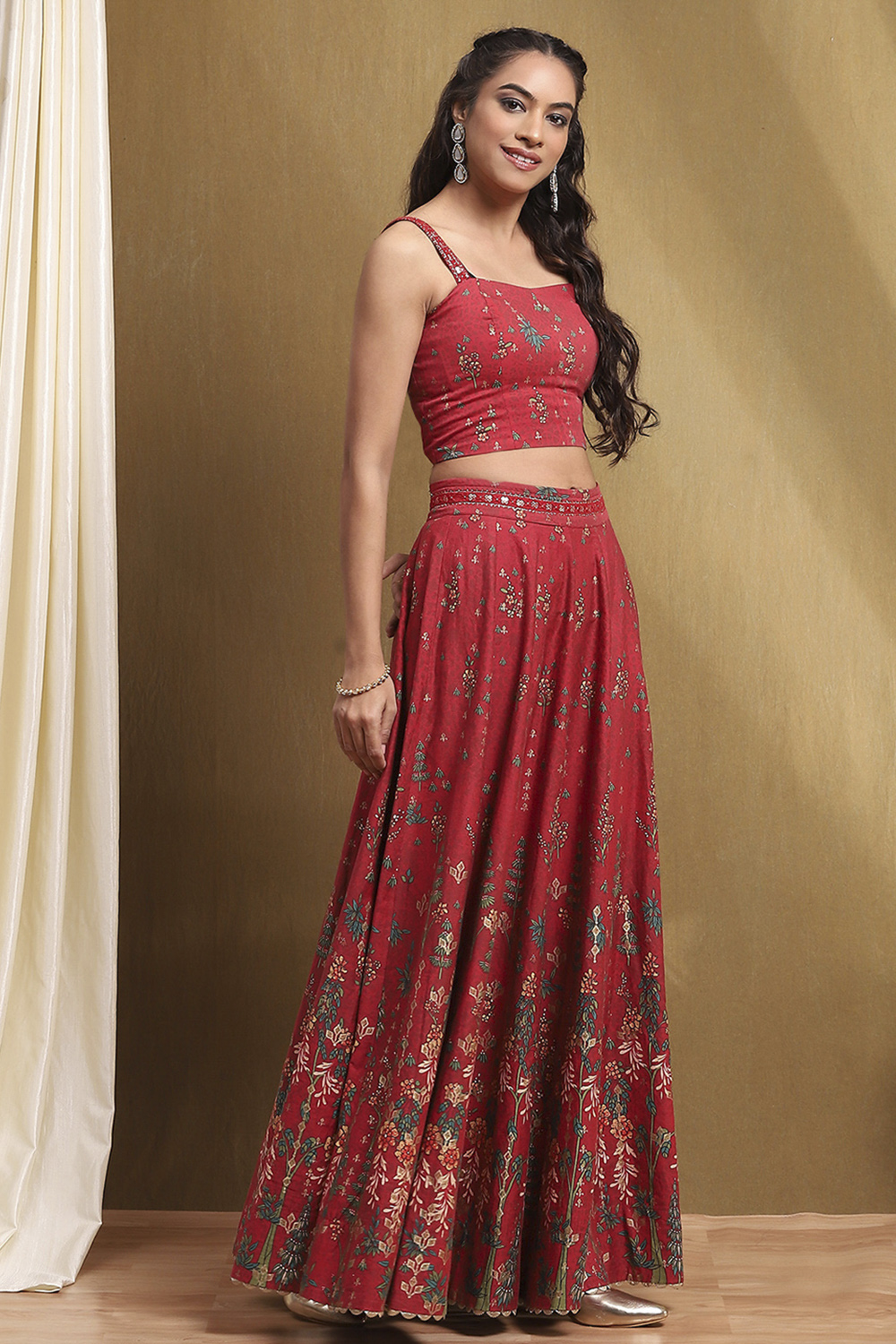 Red Satin Printed Lightweight Lehenga Set image number 5