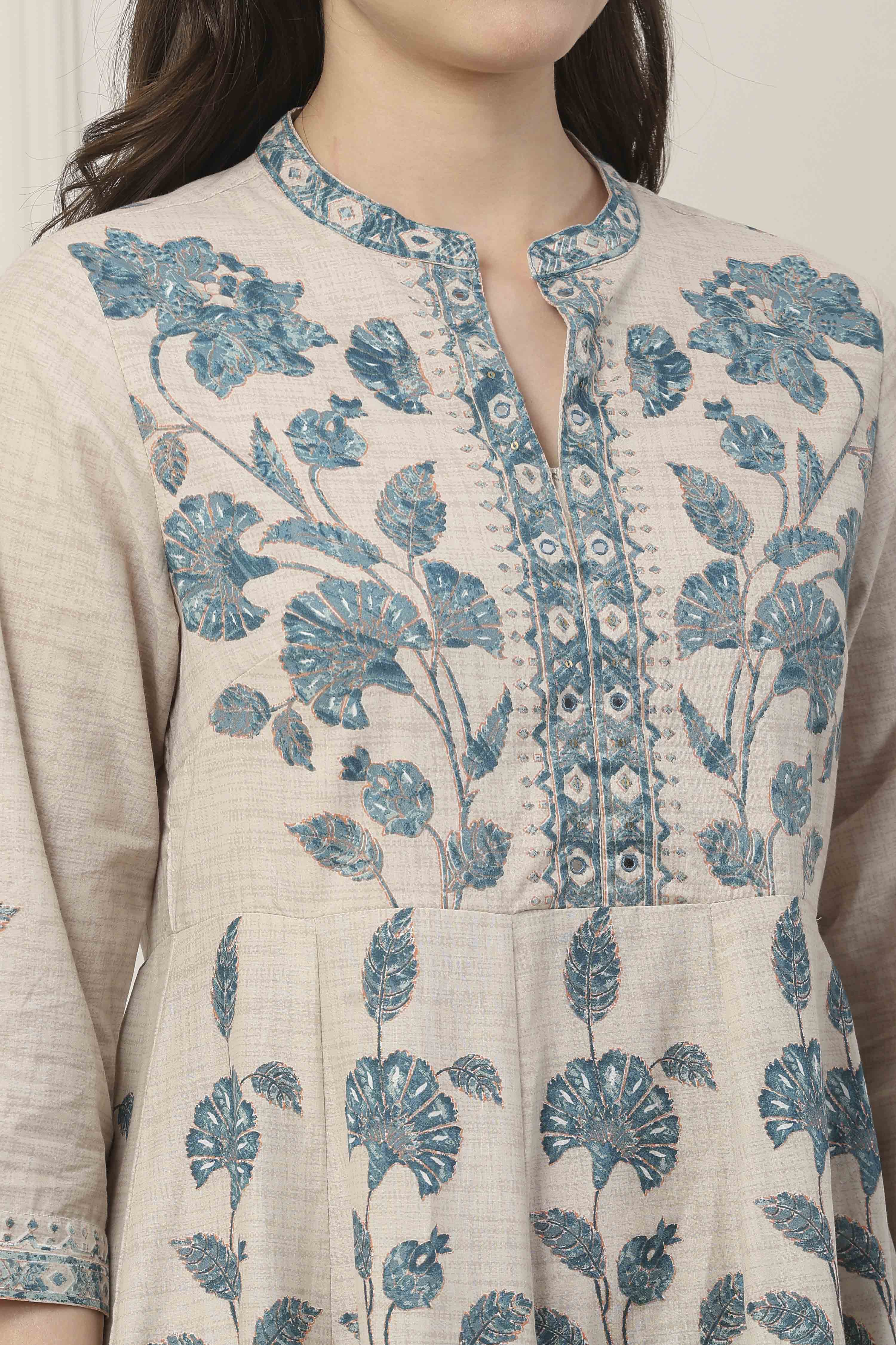 Blue Cotton All-Over Floral Anarkali Suit Set image number 1