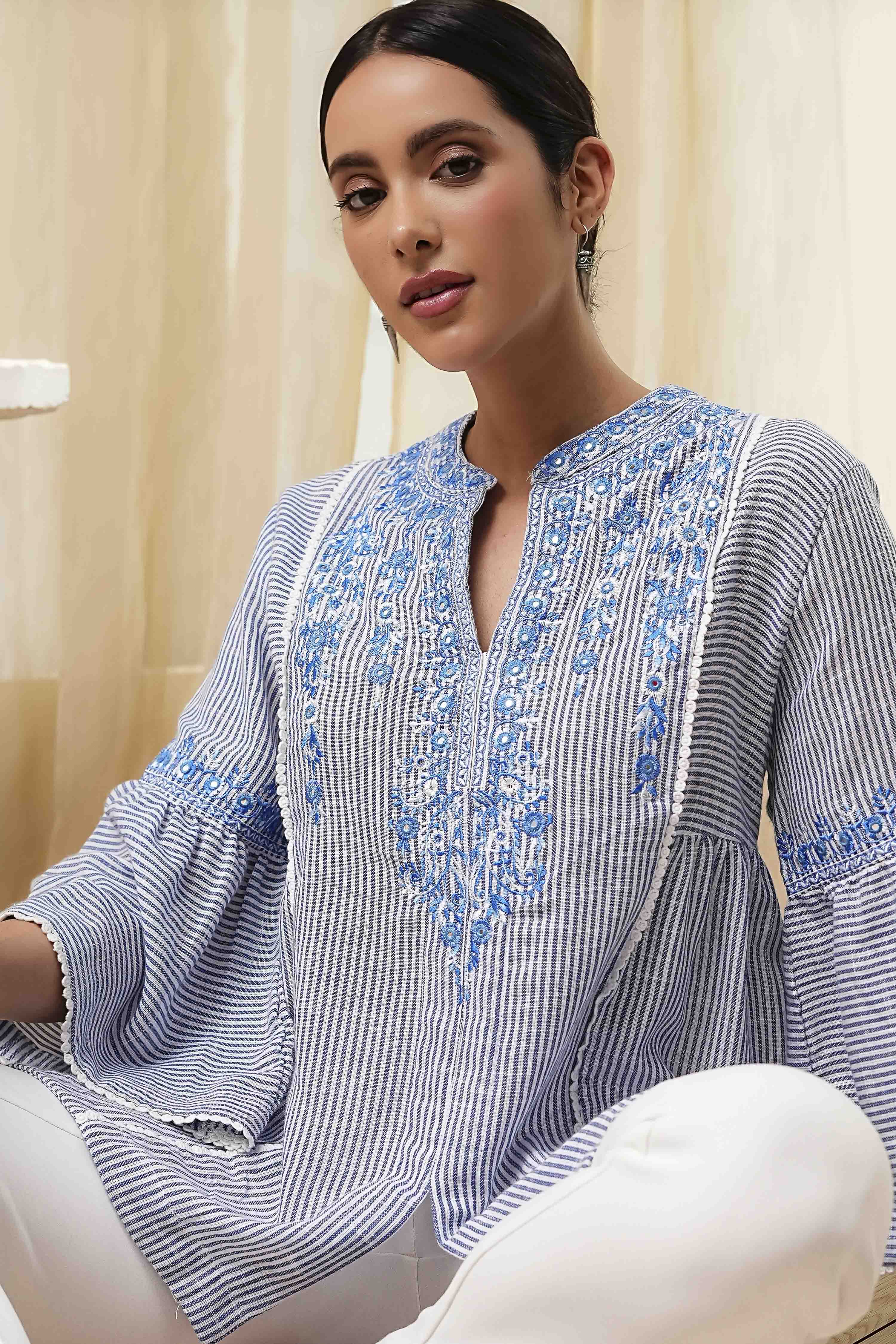 Blue Cotton Striped Straight Short Kurta image number 6