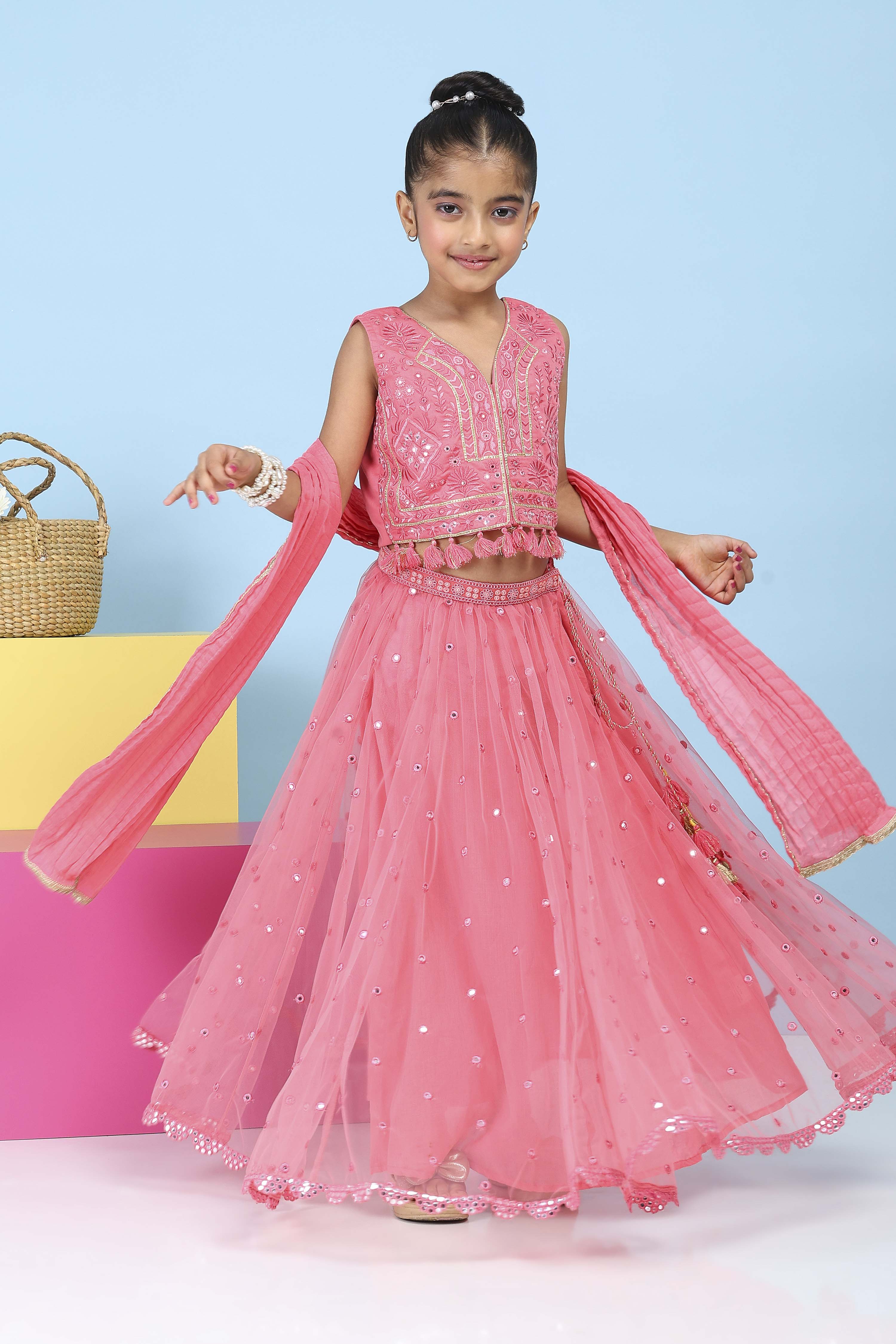 Pink Cotton Mirror Work Embroidered Lehenga Set image number 0