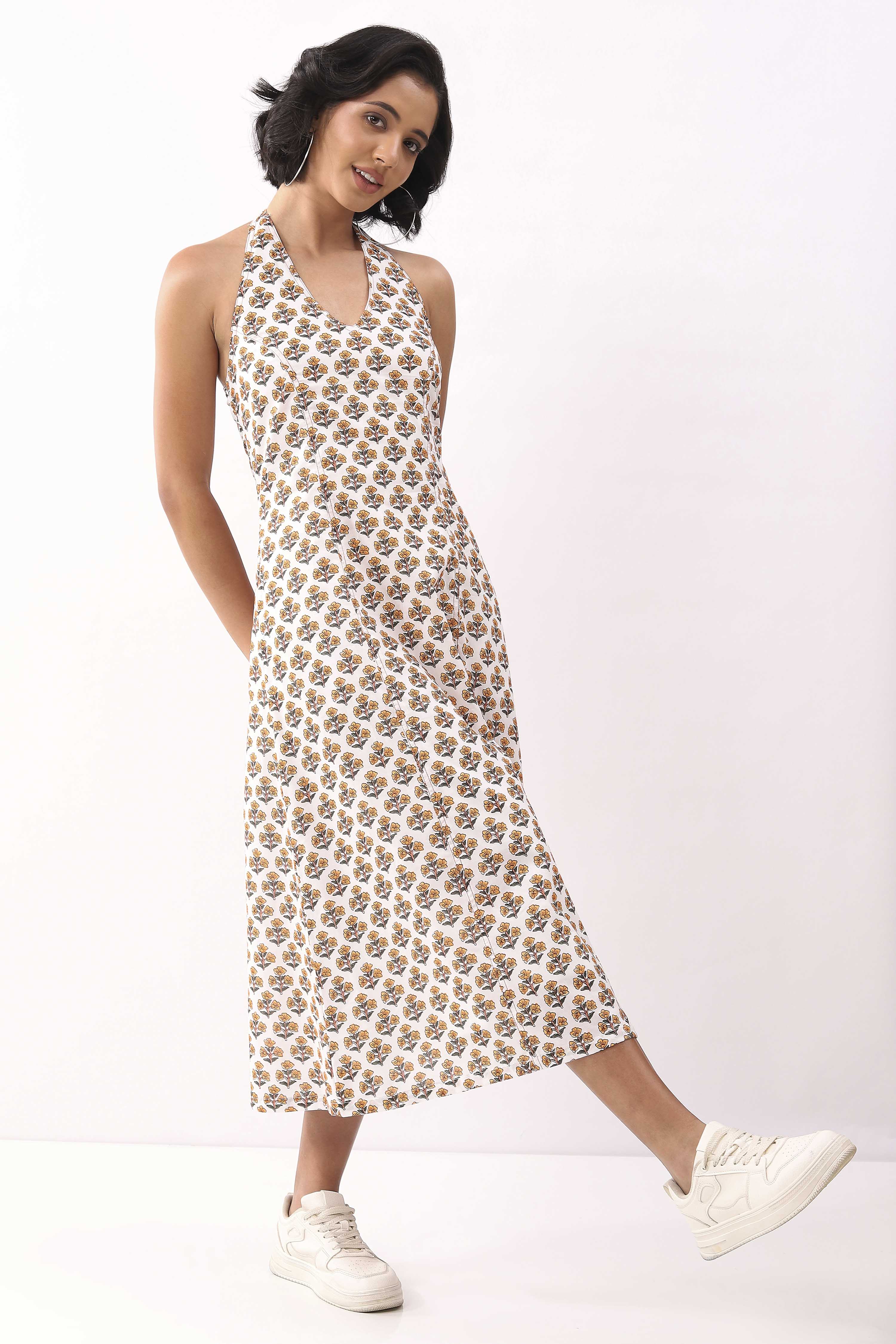 Ivory Cotton Floral Tie-Up Midi A-Line Dress image number 7