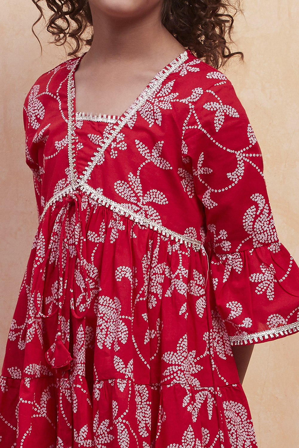 Orange Cotton Printed Tiered Kurta Set image number 1