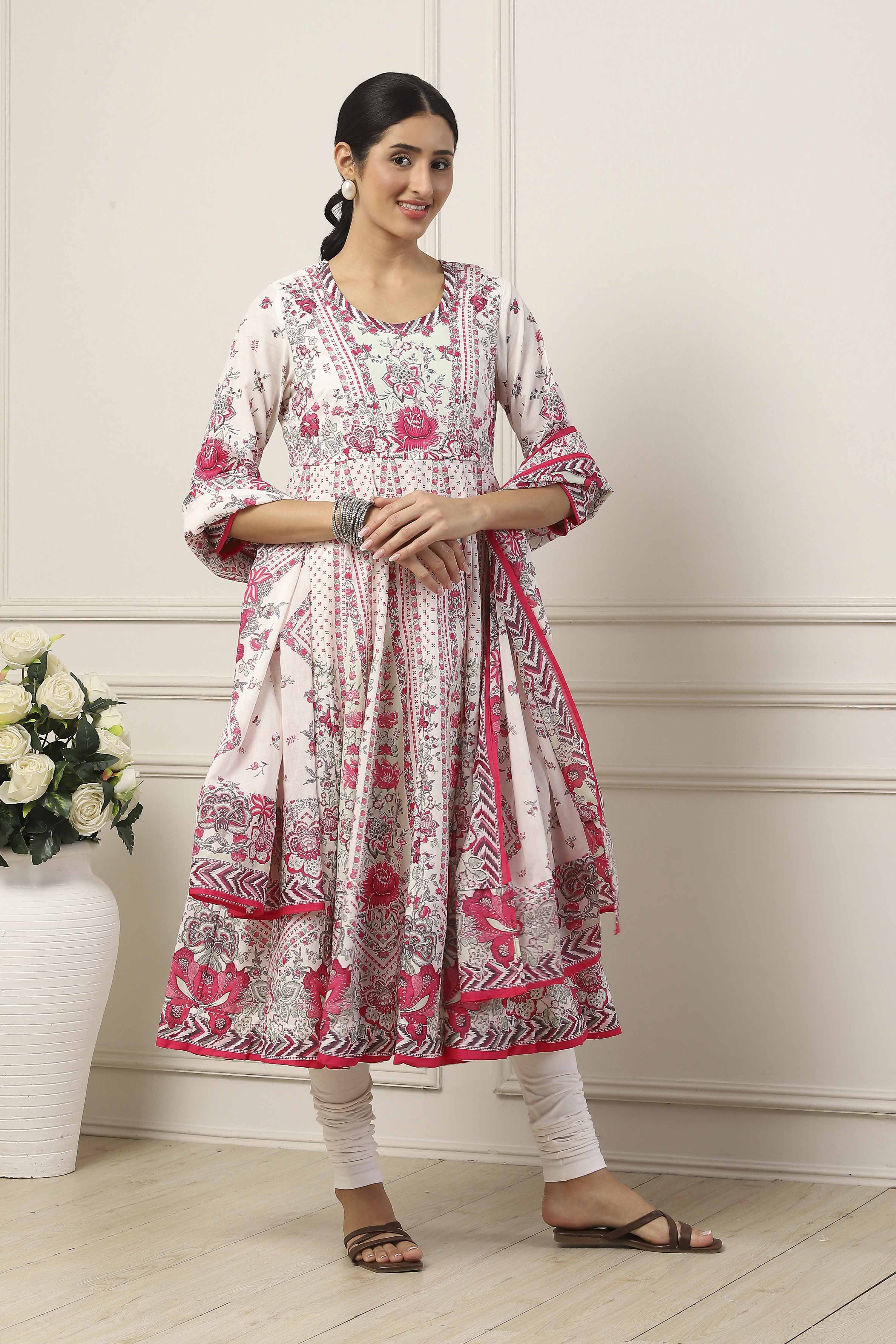 White Cotton Floral Printed Kalidar Suit Set image number 5